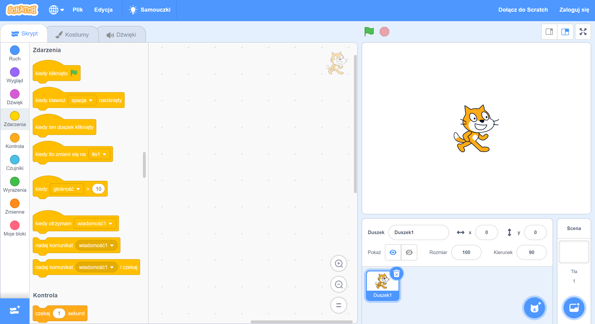 Zrzut ekranu przedstawia okno programu Scratch. Na górze znajduje się pasek narzędzi wraz z zakładkami: globus, plik, edycja, samouczki. W prawym rogu paska znajdują się przyciski: dołącz do Scratch oraz zaloguj się. W prawym górnym rogu, pod cyfrą jeden, znajduje się scena, gdzie domyślnie jest jeden duszek - kot. Po lewej stronie, pod cyfrą dwa, znajduje się pasek z zakładkami umożliwiającymi filtrowanie bloków. Kategorie dzielą się na: Ruch, Wygląd, Dźwięk, Zdarzenia, Kontrola, Czujniki, Wyrażenia, Zmienne oraz Moje bloki. Na prawo od zakładki z kategoriami, pod liczbą trzy, znajduje się miejsce z wszystkimi blokami, które podlegają wybranej kategorii. Na środku, pod liczbą cztery, znajduje się obszar budowania skryptów, tam przesuwamy bloki i tworzymy skrypty. Po prawej stronie na dole, tuż pod sceną, pod liczbą pięć, znajduje się obszar wyboru duszków i zarządzania nimi. Kliknięcie duszka uaktywnia go, co powoduje, że możemy tworzyć dla niego skrypty lub zmieniać mu kostiumy. Po prawej stronie od obszaru wyboru duszków pod numerem sześć, znajduje się obszar zarządzania sceną. Możemy tam zmienić nazwę duszka, jego domyślne położenie, pokazać lub ukryć na scenie, zmienić jego rozmiar i zwrot.