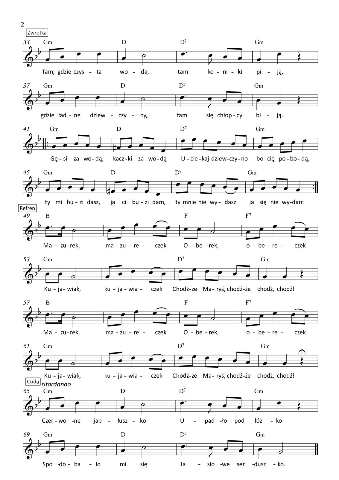 Grafika przedstawia partyturę utworu „Czerwone Jabłuszko”, który jest napisany w metrum trzy czwarte, w tonacji g‑moll. Partytura ma dwie strony, na których zapisano siedemdziesiąt dwa takty. Melodię zapisano w kluczu wiolinowym, a pod nutami zanotowano tekst. Wszystkie dźwięki należą do oktawy razkreślnej oraz dwukreślnej. To jest opis drugiej strony partytury.
W taktach od trzydziestego trzeciego do czterdziestego ósmego zapisano drugą zwrotkę utworu. W trzydziestym trzecim takcie na pierwszą miarę śpiewane są ósemki g oraz b, na miary drugą oraz trzecią wykonywane są dwie ćwierćnuty d. Nad taktem zapisano akord g‑moll. W takcie trzydziestym czwartym na pierwszą miarę śpiewana jest ćwierćnuta a, a na miary drugą oraz trzecią półnuta c. Nad taktem zapisano akord D‑dur. W trzydziestym piątym takcie na pierwszą miarę śpiewana jest ćwierćnuta z kropką d, dalej ósemka c, a na miarę trzecią ósemki b oraz a. Nad taktem zapisano akord: dominantę septymową D. W trzydziestym szóstym takcie na pierwszą miarę śpiewana jest ćwierćnuta g, na miarę drugą ćwierćnuta d, natomiast na trzecią miarę zapisano pauzę ćwierćnutową. Nad taktem zapisano akord g‑moll.
W trzydziestym siódmym takcie na pierwszą miarę śpiewane są ósemki g oraz b, na miary drugą oraz trzecią wykonywane są dwie ćwierćnuty d. Nad taktem zapisano akord g‑moll. W takcie trzydziestym ósmym na pierwszą miarę śpiewana jest ćwierćnuta a, a na miary drugą oraz trzecią półnuta c. Nad taktem zapisano akord D‑dur. W trzydziestym dziewiątym takcie na pierwszą miarę śpiewana jest ćwierćnuta z kropką d, dalej ósemka c, a na miarę trzecią ósemki b oraz a. Nad taktem zapisano akord: dominantę septymową D. W czterdziestym takcie na pierwszą miarę śpiewana jest ćwierćnuta b, na miarę drugą ćwierćnuta g, natomiast na trzecią miarę zapisano pauzę ćwierćnutową. Nad taktem zapisano akord g‑moll.
W czterdziestym pierwszym takcie na pierwszą miarę śpiewane są ósemki g oraz a, na miarę drugą ósemki b oraz a, a na miarę trzecią ćwierćnuta g. Nad taktem zapisano akord g‑moll, a przed taktem początek repetycji. W czterdziestym drugim takcie na pierwszą miarę śpiewane są ósemki fis oraz g, na miarę drugą ósemki a oraz fis, a na miarę trzecią ćwierćnuta d. Nad taktem zapisano akord D‑dur. W czterdziestym trzecim takcie na pierwszą miarę śpiewane są ósemki d oraz es, na miarę drugą ósemki d oraz c, a na trzecią miarę ósemki b oraz a. Nad taktem zapisano akord: dominantę septymową D. W czterdziestym czwartym takcie na pierwszą miarę śpiewane są ósemki g oraz a, na miarę drugą ósemki b oraz c, natomiast na miarę trzecią ćwierćnuta d. Nad taktem zapisano akord g‑moll.
W czterdziestym piątym takcie na pierwszą miarę śpiewane są ósemki g oraz a, na miarę drugą ósemki b oraz a, a na miarę trzecią ćwierćnuta g. Nad taktem zapisano akord g‑moll. W czterdziestym szóstym takcie na pierwszą miarę śpiewane są ósemki fis oraz g, na miarę drugą ósemki a oraz fis, a na miarę trzecią ćwierćnuta d. Nad taktem zapisano akord D‑dur. W czterdziestym siódmym takcie na pierwszą miarę śpiewane są ósemki d oraz es, na miarę drugą ósemki d oraz c, a na trzecią miarę ósemki b oraz a, z czego dwie ostatnie z artykulacją legato. Nad taktem zapisano akord: dominantę septymową D. W czterdziestym ósmym takcie na pierwszą miarę śpiewane są ósemki g oraz a, na miarę drugą ósemki b oraz a, a na miarę trzecią ćwierćnuta g. Nad taktem zapisano akord g‑moll, a po takcie koniec repetycji.
W taktach od czterdziestego dziewiątego do sześćdziesiątego czwartego zapisano refren utworu. W takcie czterdziestym dziewiątym na pierwszą miarę śpiewana jest ósemka z kropką d oraz szesnastka d, natomiast na miary drugą oraz trzecią półnuta b. Nad taktem zapisano akord B‑dur. W takcie pięćdziesiątym na pierwszą miarę śpiewane są ósemki b oraz d, na miarę drugą ćwierćnuta f, natomiast na miarę trzecią ósemki es oraz d z artykulacją legato. Nad taktem zapisano akord B‑dur. W takcie pięćdziesiątym pierwszym na pierwszą miarę śpiewane są dwie ósemki c, natomiast na miary drugą oraz trzecią półnuta a. Nad taktem zapisano akord: dominantę septymową F. W takcie pięćdziesiątym drugim na pierwszą miarę śpiewane są ósemki a oraz c, na miarę drugą ćwierćnuta es, natomiast na miarę trzecią ósemki d oraz c z artykulacją staccato. Nad taktem zapisano akord: dominantę septymową F.
W takcie pięćdziesiątym trzecim na pierwszą miarę śpiewane są dwie ósemki b, a na miary drugą oraz trzecią półnuta g. Nad taktem zapisano akord g‑moll. W pięćdziesiątym czwartym takcie na pierwszą miarę śpiewane są ósemki g oraz b, na miarę drugą ćwierćnuta d, natomiast na miarę trzecią ósemki c oraz b z artykulacją legato. Nad taktem zapisano akord g‑moll. W takcie pięćdziesiątym piątym na pierwszą miarę śpiewane są ósemki d oraz es, na miarę drugą ósemki d oraz c, natomiast na miarę trzecią ósemki b oraz a. Nad taktem zapisano akord: dominantę septymową D. W pięćdziesiątym szóstym takcie na pierwsze dwie miary śpiewane są dwie ćwierćnuty g, a na miarę trzecią zapisano pauzę ćwierćnutową. Nad taktem zapisano akord g‑moll.
W takcie pięćdziesiątym siódmym na pierwszą miarę śpiewana jest ósemka z kropką d oraz szesnastka d, natomiast na miary drugą oraz trzecią półnuta b. Nad taktem zapisano akord B‑dur. W takcie pięćdziesiątym ósmym na pierwszą miarę śpiewane są ósemki b oraz d, na miarę drugą ćwierćnuta f, natomiast na miarę trzecią ósemki es oraz d z artykulacją legato. Nad taktem zapisano akord B‑dur. W takcie pięćdziesiątym dziewiątym na pierwszą miarę śpiewane są dwie ósemki c, natomiast na miary drugą oraz trzecią półnuta a. Nad taktem zapisano akord: dominantę septymową F. W takcie sześćdziesiątym na pierwszą miarę śpiewane są ósemki a oraz c, na miarę drugą ćwierćnuta es, natomiast na miarę trzecią ósemki d oraz c z artykulacją staccato. Nad taktem zapisano akord: dominantę septymową F.
W takcie sześćdziesiątym pierwszym na pierwszą miarę śpiewane są dwie ósemki b, a na miary drugą oraz trzecią półnuta g. Nad taktem zapisano akord g‑moll. W sześćdziesiątym drugim takcie na pierwszą miarę śpiewane są ósemki g oraz b, na miarę drugą ćwierćnuta d, natomiast na miarę trzecią ósemki c oraz b z artykulacją legato. Nad taktem zapisano akord g‑moll. W takcie sześćdziesiątym trzecim na pierwszą miarę śpiewane są ósemki d oraz es, na miarę drugą ósemki d oraz c, natomiast na miarę trzecią ósemki b oraz a. Nad taktem zapisano akord: dominantę septymową D. W sześćdziesiątym czwartym takcie na pierwsze dwie miary śpiewane są dwie ćwierćnuty g, a na miarę trzecią zapisano pauzę ćwierćnutową, nad którą zaznaczono fermatę. Nad taktem zapisano akord g‑moll.
W taktach od sześćdziesiątego piątego do siedemdziesiątego drugiego zapisano codę (zakończenie) utworu. W sześćdziesiątym piątym takcie na pierwszą miarę śpiewane są ósemki g oraz b, na miary drugą oraz trzecią wykonywane są dwie ćwierćnuty d. Nad taktem zapisano akord g‑moll oraz ritardando. W takcie sześćdziesiątym szóstym na pierwszą miarę śpiewana jest ćwierćnuta a, a na miary drugą oraz trzecią półnuta c. Nad taktem zapisano akord D‑dur. W sześćdziesiątym siódmym takcie na pierwszą miarę śpiewana jest ćwierćnuta z kropką d, dalej ósemka c, a na miarę trzecią ósemki b oraz a. Nad taktem zapisano akord: dominantę septymową D. W sześćdziesiątym ósmym takcie na pierwszą miarę śpiewana jest ćwierćnuta g, na miarę drugą ćwierćnuta d, natomiast na trzecią miarę zapisano pauzę ćwierćnutową. Nad taktem zapisano akord g‑moll.
W sześćdziesiątym dziewiątym takcie na pierwszą miarę śpiewane są ósemki g oraz b, na miary drugą oraz trzecią wykonywane są dwie ćwierćnuty d. Nad taktem zapisano akord g‑moll. W takcie siedemdziesiątym na pierwszą miarę śpiewana jest ćwierćnuta a, a na miary drugą oraz trzecią półnuta c. Nad taktem zapisano akord D‑dur. W siedemdziesiątym pierwszym takcie na pierwszą miarę śpiewana jest ćwierćnuta z kropką d, dalej ósemka c, a na miarę trzecią ósemki b oraz a. Nad taktem zapisano akord: dominantę septymową D. W ostatnim, siedemdziesiątym drugim takcie na pierwszą miarę śpiewana jest ćwierćnuta b, natomiast na miary drugą oraz trzecią półnuta g. Nad taktem zapisano akord g‑moll.