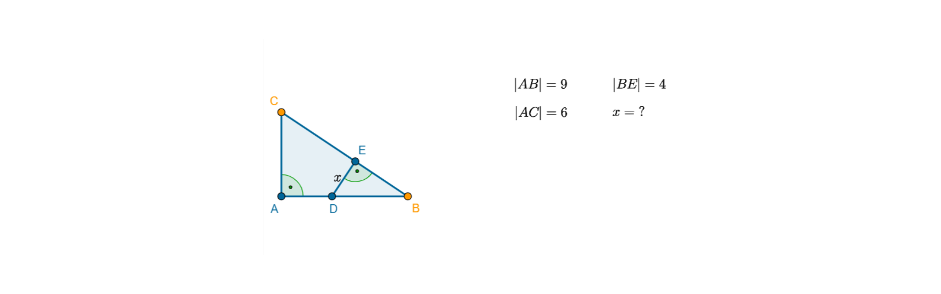 Na rysunku przedstawiony jest trójkąt prostokątny ABC oraz trójkąt prostokątny DBE. Wierzchołkami kątów prostych są punkty A oraz E. Punkt E leży na boku BC, a punkt D na boku AB. Trójkąty ABC i DBE są trójkątami podobnymi. Odcinek DE oznaczony jest literą x. Z prawej strony rysunku zapisane są następujące zależności: długość odcinka AB równa się dziewięć, długość odcinka AC równa się sześć, długość odcinka BE równa się cztery oraz długość x równa się znak zapytania.