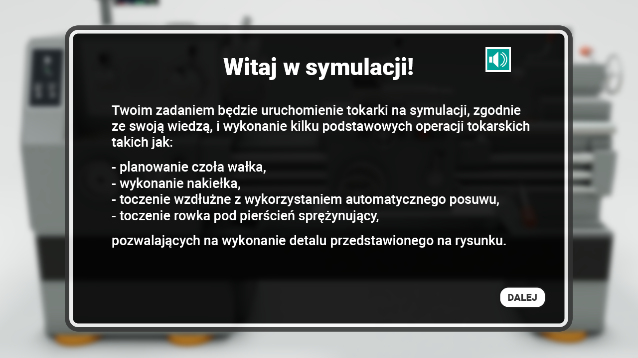 Ilustracja przedstawia ekran początkowy symulacji. Na środku ukazuje się napis Witaj w symulacji, poniżej znajduję się tekst z objaśnieniem zadania. W prawym dolnym rogu przycisk dalej