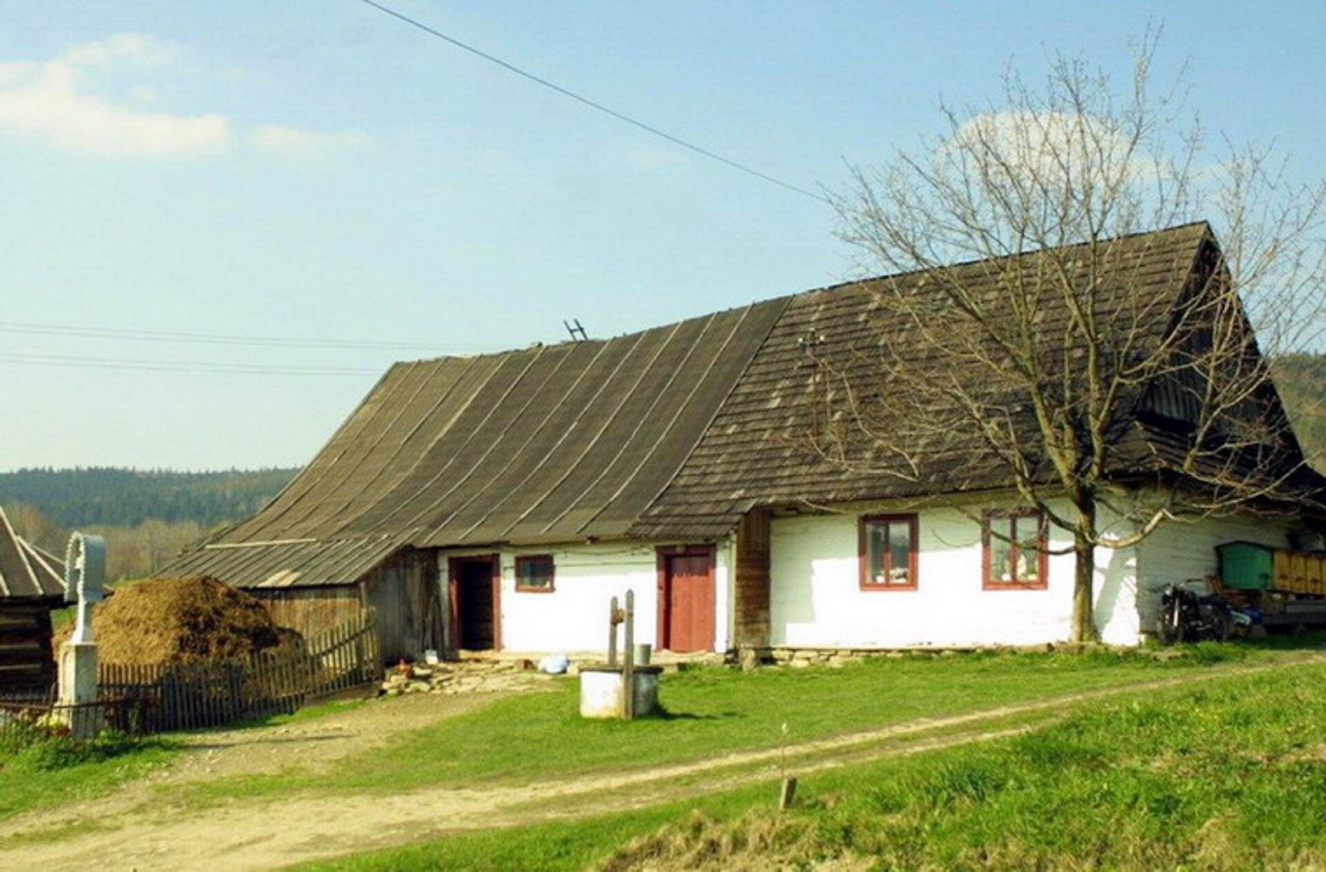 Ilustracja przedstawia łemkowską chyże we wsi Nowica. Ukazuje ona drewnianą zagrodę jednobudynkową.