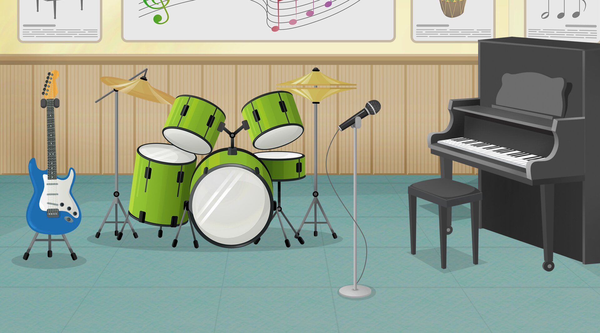Ilustracja przedstawia gitarę elektryczną, perkusję, mikrofon i pianino 