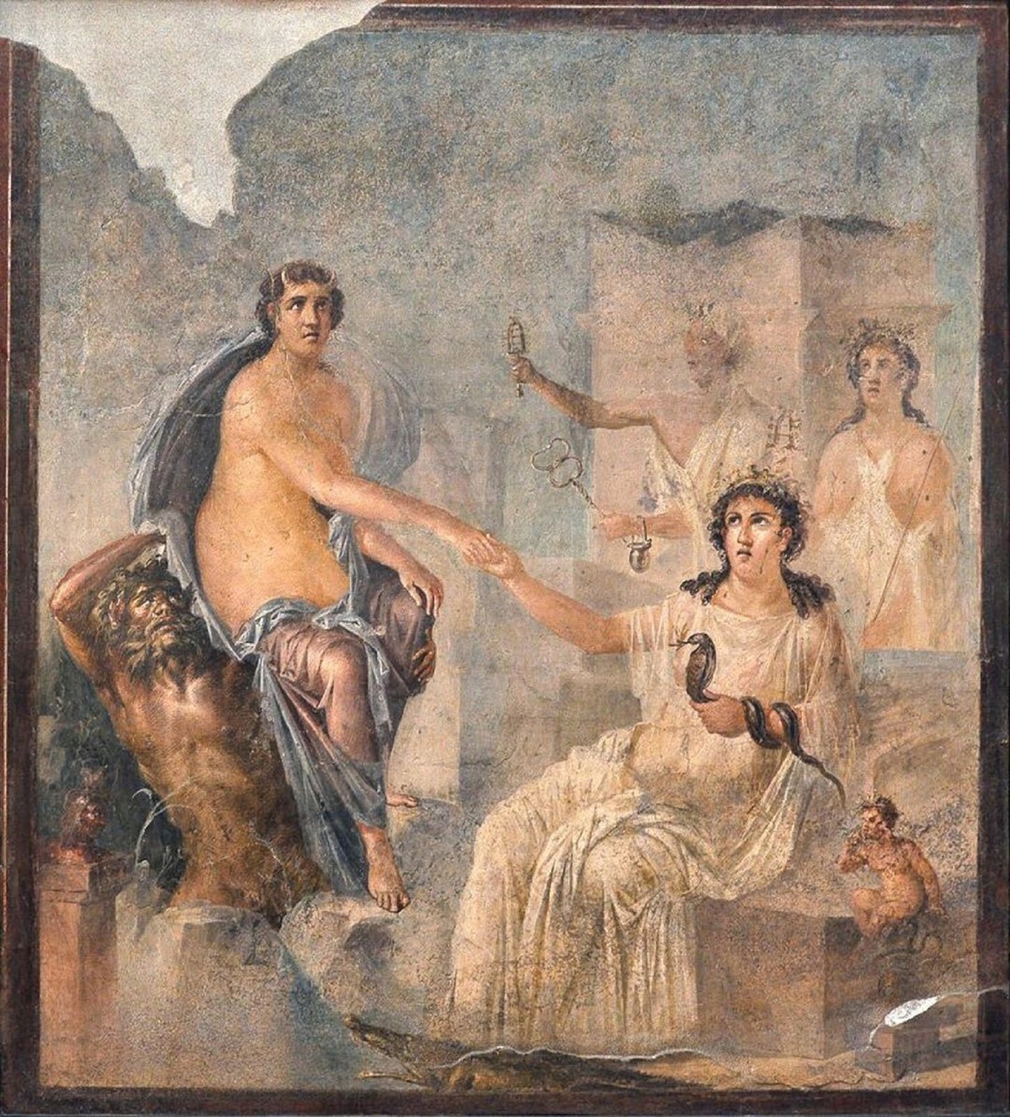 Ilustracja przedstawia fresk z Pompei pochodzący z I wieku przed naszą erą. Fresk znajduje się aktualnie w Narodowym Muzeum Archeologicznym we Włoszech.  Centralnymi postaciami są stojąca kobieta z rogami oraz siedząca kobieta z wężem w ręku. Obok nich klęczy Neilos - bóg rzeki Nil. W tle znajdują się dwie inne kobiety.