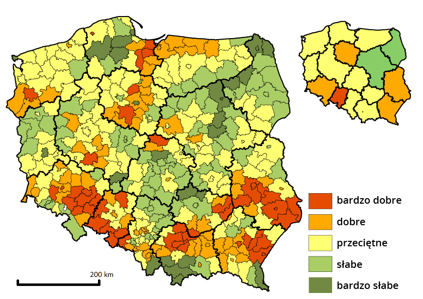 Mapa Polski przedstawia warunki przyrodnicze rozwoju rolnictwa. Bardzo dobre warunki panują w województwie opolskim. Dobre warunki panują w województwie podkarpackim, lubelskim, kujawsko pomorskim oraz w dolnośląskim. Przeciętne warunki panują w województwie śląskim, małopolskim, świętokrzyskim, łódzkim, wielkopolskim, lubuskim, zachodnio pomorskim, pomorskim oraz warmińsko mazurskim. Słabe warunki panują w województwie mazowieckim oraz podlaskim.