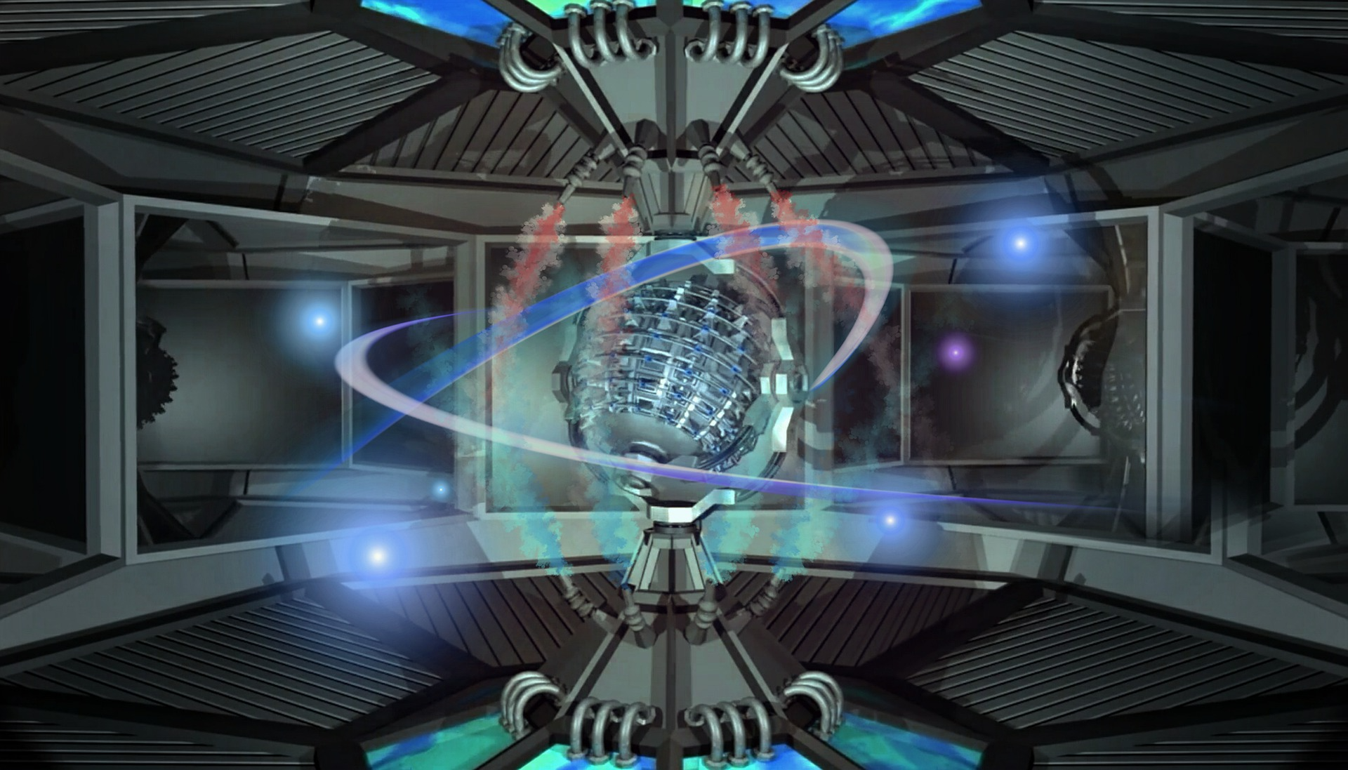 Kolorowa ilustracja przedstawia wnętrze pomieszczenia, w którego centrum znajduje się umieszczone na, przymocowanym do podłogi i sufitu, statywie kuliste, obrotowe urządzenie. Z rozmieszczonych pod nim i powyżej dysz wydobywa się dym o barwie przechodzącej od czerwonej do niebieskiej. Podłoga jest wyłożona szarymi elementami o kształcie trapezów. Ściany są lustrzane.