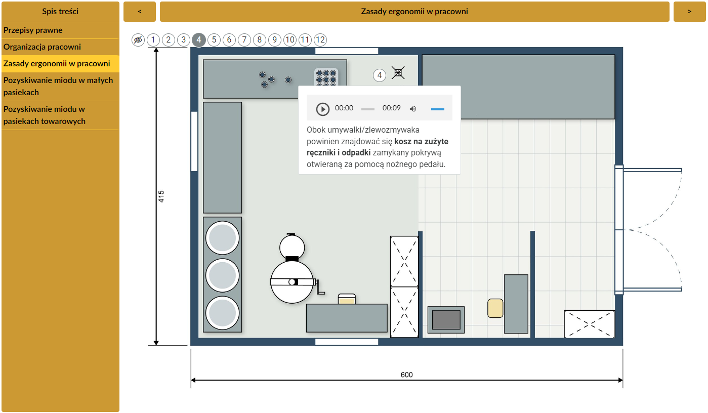 Przykładowy widok trybu planszy interaktywnej. W lewej kolumnie koloru żółtego znajdują się zakładki prowadzące do poszczególnych opisów. W kolumnie po prawej widoczny jest wyświetlany element. Na środku znajduje się rysunek pracowni pszczelarskiej. Jest to rzut z góry. Widoczne są granatowe linie oznaczające ściany budynku. Poszczególne elementy pracowni narysowane są jako koła i prostokąty w różnych odcieniach szarości. Nad rysunkiem znajduje się rząd dwunastu cyfr w białych kółkach. Cyfra numer cztery ma kolor szary. Znajduje się ona też na rysunku pracowni, a pod cyfrą umieszczona jest biała ramka z treścią tego punktu.