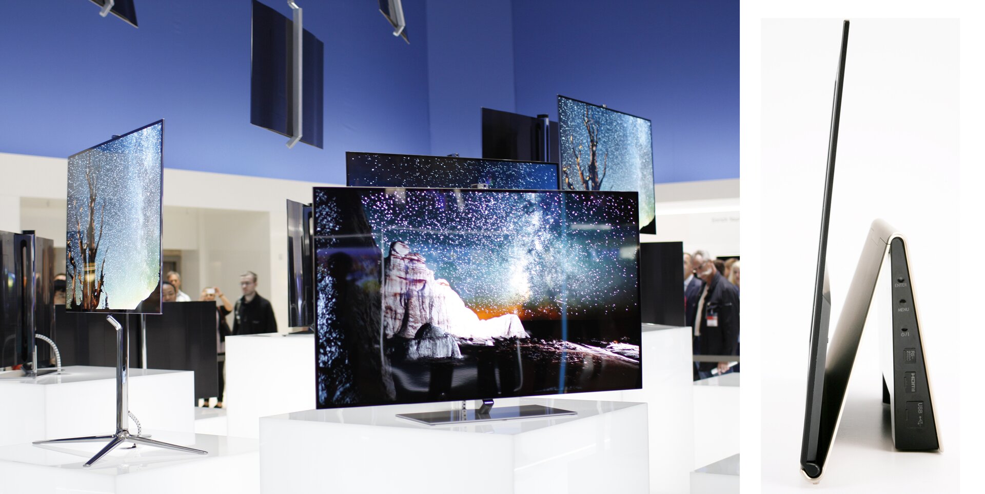 Na zdjęciu wystawa, na której przedstawiano różnego typu urządzenia z ekranami wykonanymi w technologii organicznych diod elektroluminescencyjnych (OLED). Większość kadru zajmują urządzenia z wyświetlonymi obrazkami, w tle widać ludzi.
