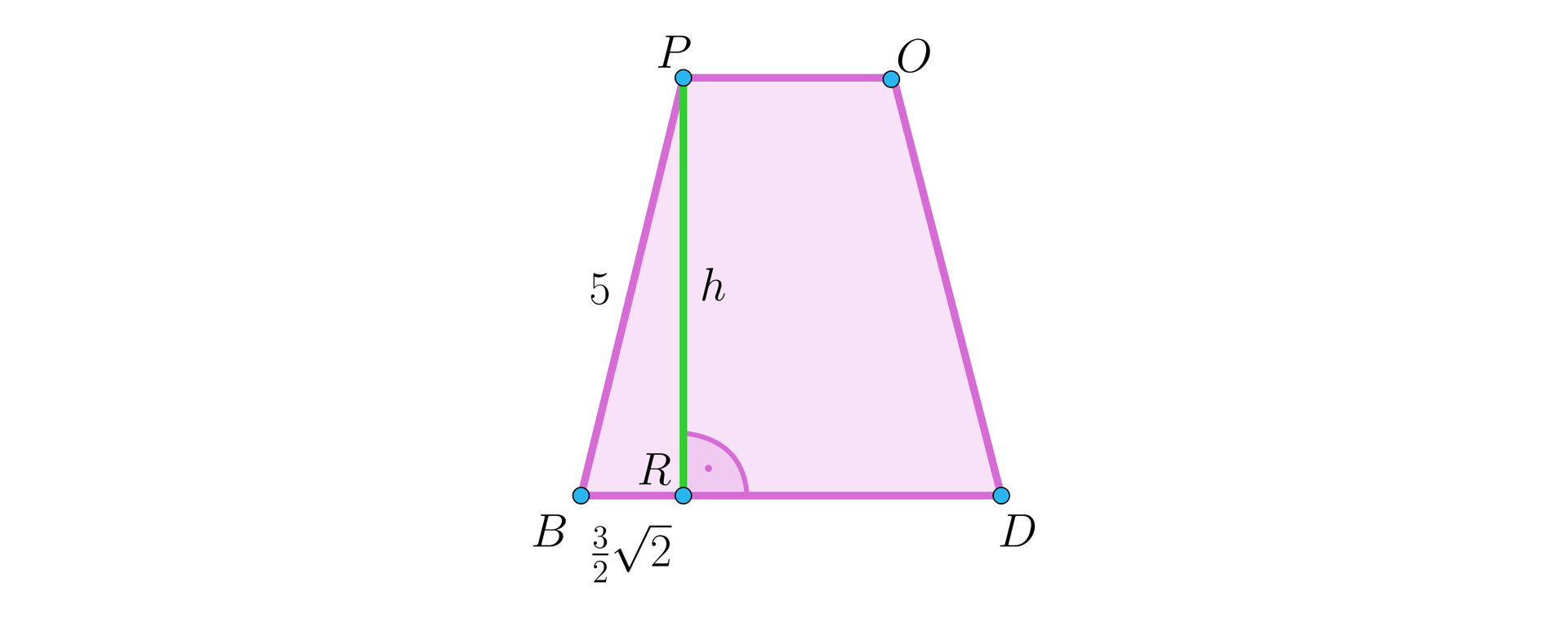 Ilustracja przedstawia trapez B D P O. Ramię trapezu równoramiennego ma miarę 5 jednostek. Wysokość h została upuszczona z punktu P do dolnej podstawy tworząc punkt R. Odcinek B R ma miarę 323