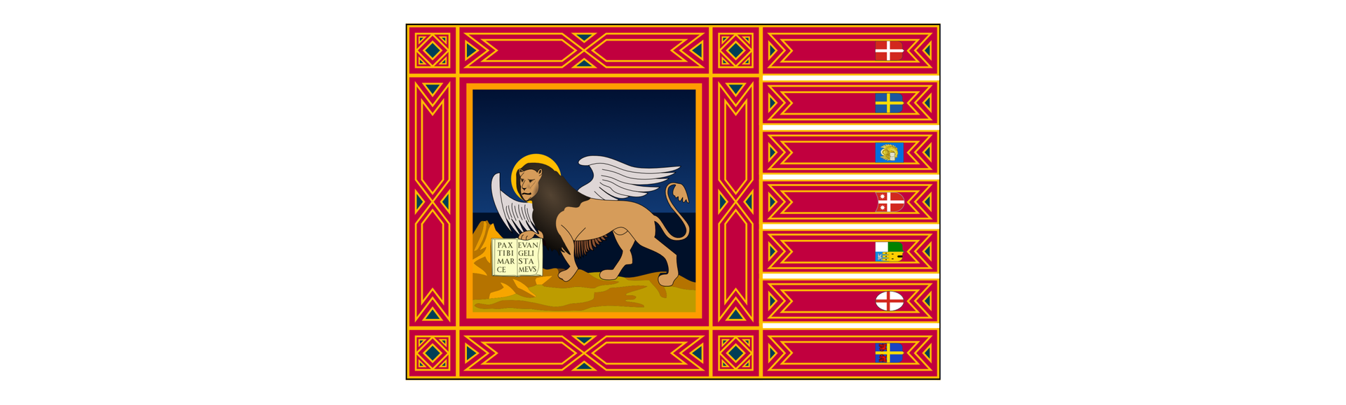 Grafika przedstawia flagę włoskiego regionu Veneto. Po lewej stronie flagi znajduje się lew świętego Marka ze skrzydłami. Łapa lwa znajduje się na otwartej ewangelii. W ewangelii jest łaciński tekst "Pax tibi Marce evangelista meus
". Po prawej stronie znajdują się miniaturowe flagi siedmiu stolic prowincji Veneto.