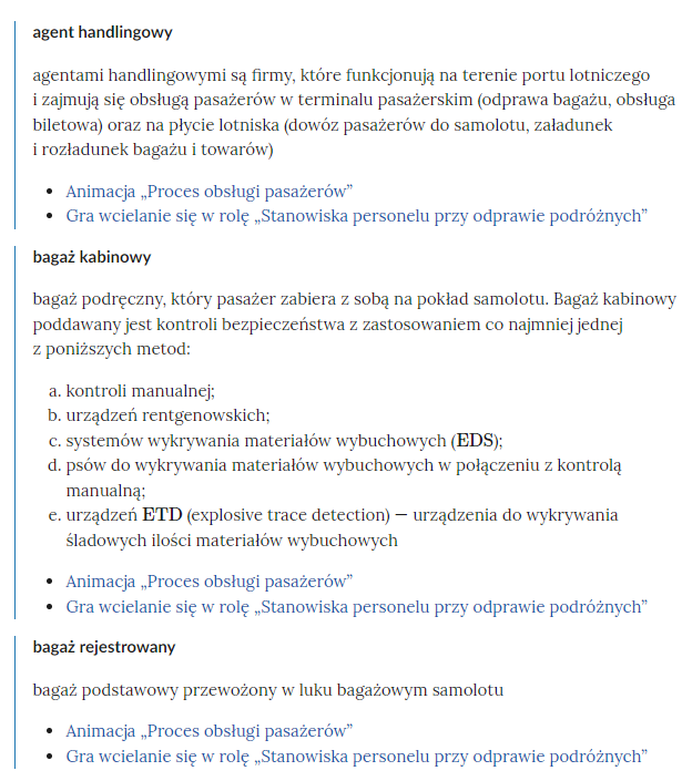 Zrzut ekranu przedstawia kilka pojęć ze Słownika. Konstrukcja jest następująca: pojęcie, poniżej jego wyjaśnienie, a pod nim znajduje się link, po którego kliknięciu użytkownik przenosi się do rozdziału w tym materiale, w którym dane pojęcie jest wykorzystywane. Linków może być jeden lub kilka, w zależności od tego, w ilu rozdziałach użyto pojęcia.
