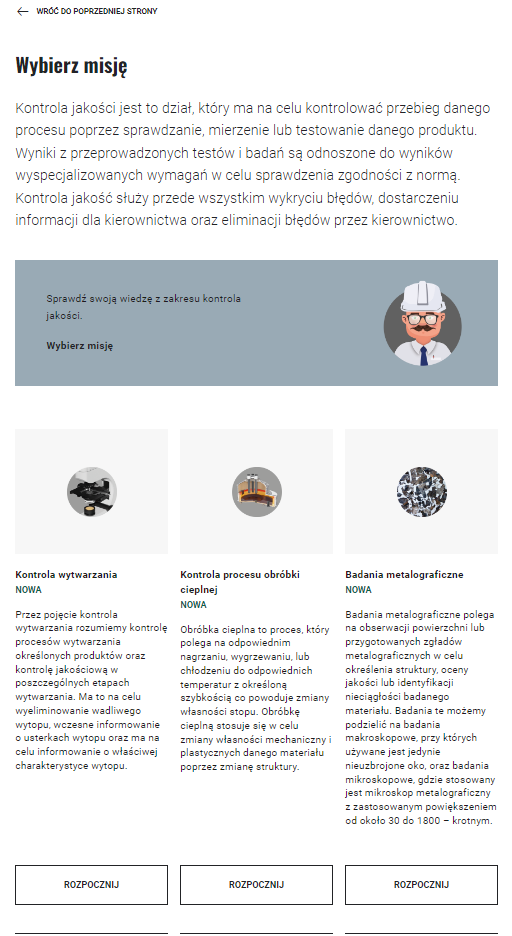Ilustracja przedstawia ekran wyboru misji. Pod zdjęciem prezentującym misję i jej opisem znajdują się trzy ramki z grafikami i opisami poszczegolnych misji. Na dole każdej ramki znajduje się przycisk Rozpocznij.