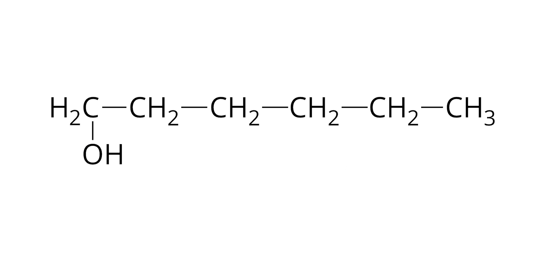 Ilustracja przedstawia wzór cząsteczki alkoholu heksanowego, czyli heksan-1-olu. Wszystkie wiązania w strukturze są pojedyncze. Związek zbudowany jest z grupy hydroksylowej OH połączonej z jedną z pięciu kolejno związanych ze sobą grupy metylenowych CH2. Ostatnia z nich połączona jest z grupą metylową CH3, która kończy łańcuch. 