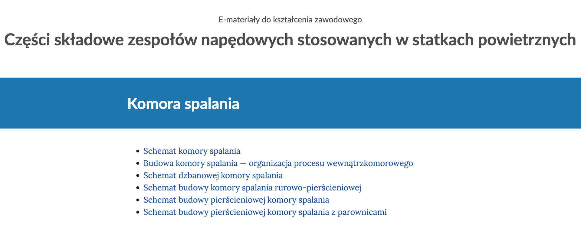 Zrzut ekranu przedstawia przykładowy spis sekcji strony atlasu przedstawiony w formie nienumerowanej listy odsyłaczy. Znajduje się on pod tytułem rozdziału, na górze strony.