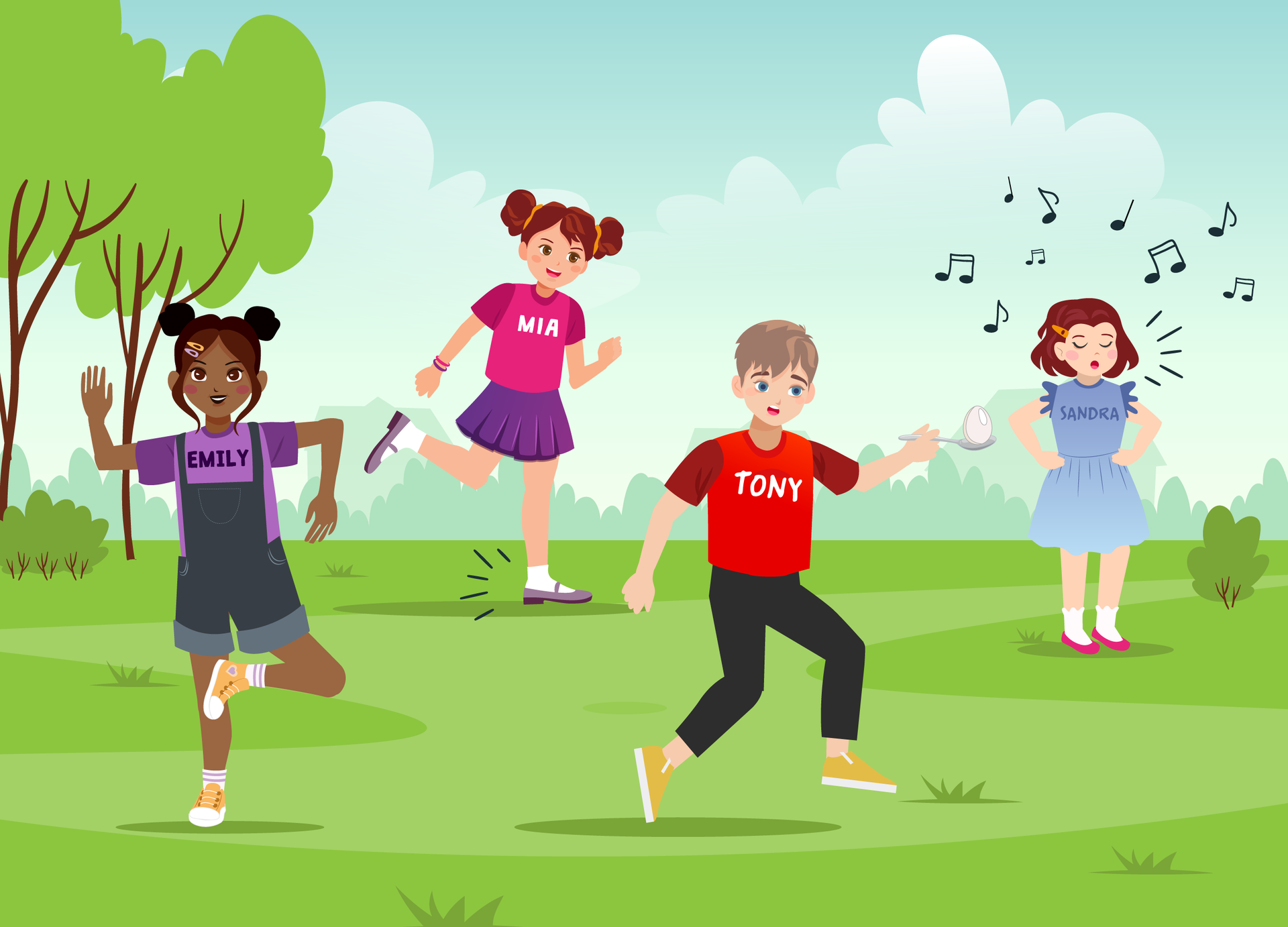 Ilustracja przedstawia park, w którym bawi się czworo dzieci. Emily stoi w bezruchu na jednej nodze,  Mia biega, Tony biegnie z jajkiem na łyżeczce, a  Sandra śpiewa.