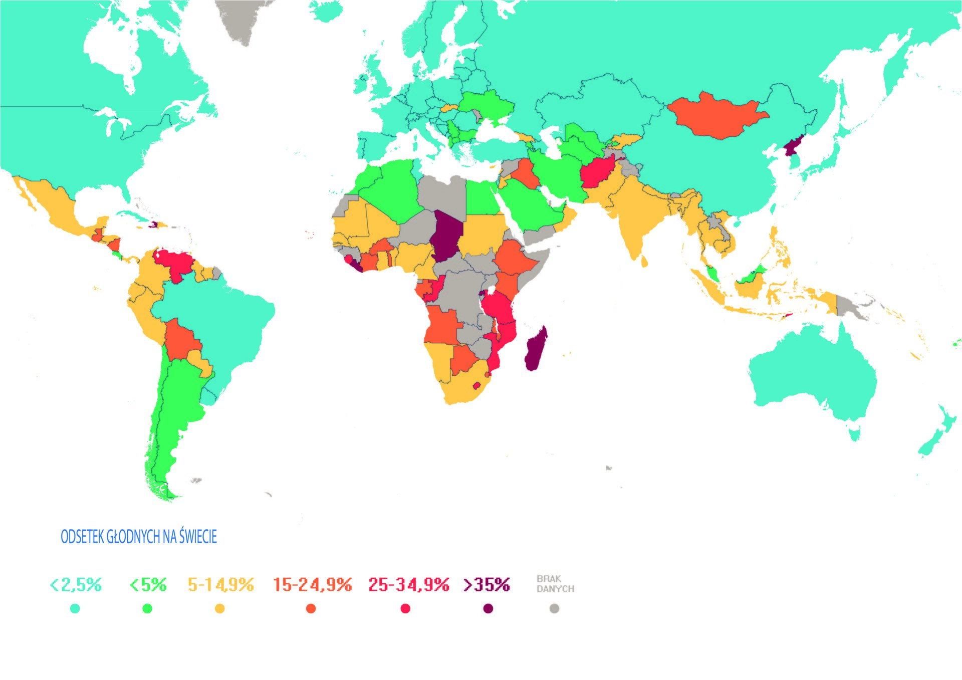 Mapa przedstawia informacje na temat odsetku głodnych na świecie w 2019 roku. Mniej niż 2,5% w Ameryce Północnej, Brazylii, Europy Zachodniej i Azji, Australii. Mniej niż 5% - Chile, Argentyna, Algieria, Egipt, Arabia Saudyjska, Ukraina, Iran. Od 5 do 14,9% - Meksyk, Kolumbia, Ekwador, Peru, Mali, Sudan, Nigeria, Namibia, Południowa Afryka, Indie, Indonezji.  Od 15 – do 24,9% - Boliwia, Etiopia, Kenia, Angola, Namibia, Botswana, Irak, Mongolia.  Od 25 do 24,9% - Wenezuela, Tanzania, Afganistan.  Więcej niż 35% - Czad, Madagaskar, Korea Północna. 