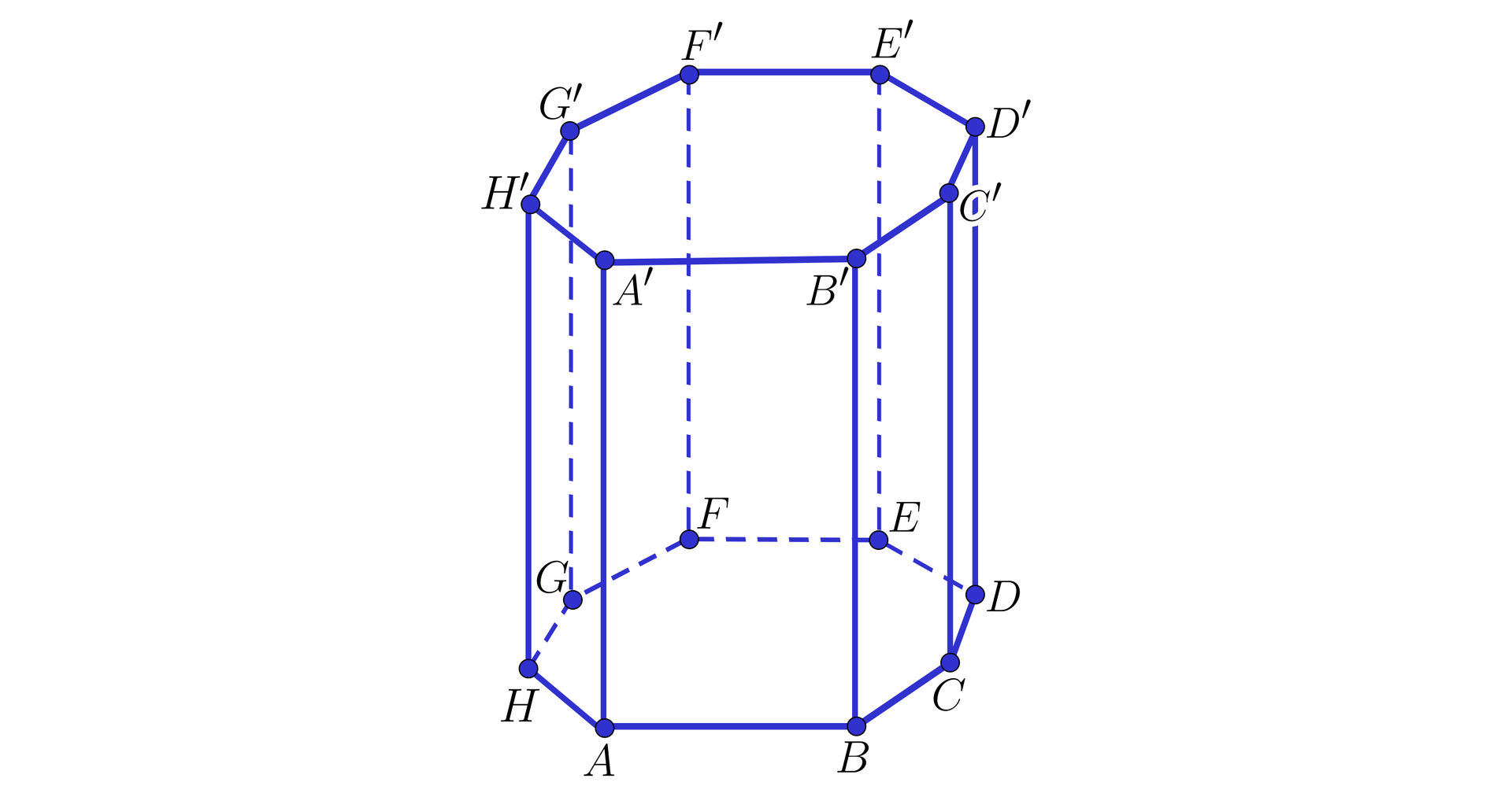 Ilustracja przedstawia graniastosłup prawidłowy ośmiokątny A B C D E F G H A prim B prim C prim D prim E prim F prim  G prim H prim. 