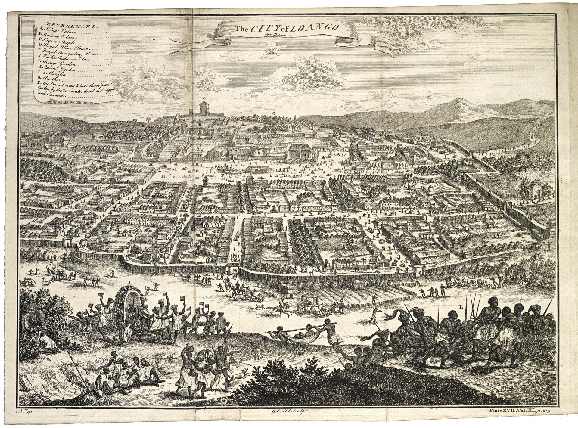 Zdjęcie przedstawia rysunek miasta. Zabudowania widzimy z lotu ptaka. Całe miasto otoczone jest murem. Wyznaczone trakty dzielą miasto na geometryczne, równe kwadraty. Na horyzoncie widać wieżę i pasmo górskie. U góry na mapie widnieje wstęga z napisem w języku angielskim: The city od Loango. Na pierwszym planie widać pracujących ludzi.