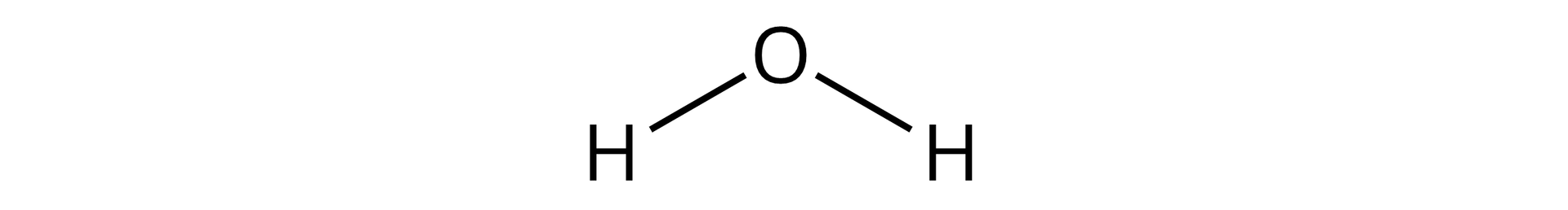 Ilustracja przedstawiająca wzór cząsteczki wody zbudowanej z atomu tlenu połączonego z dwoma atomami wodoru pod kątem stu czterech stopni. Atomy wodoru, czyli ich symbole H, łączą się za pomocą wiązań pojedynczych symbolizowanych przez pojedyncze kreski z atomem tlenu, którego symbol to O.