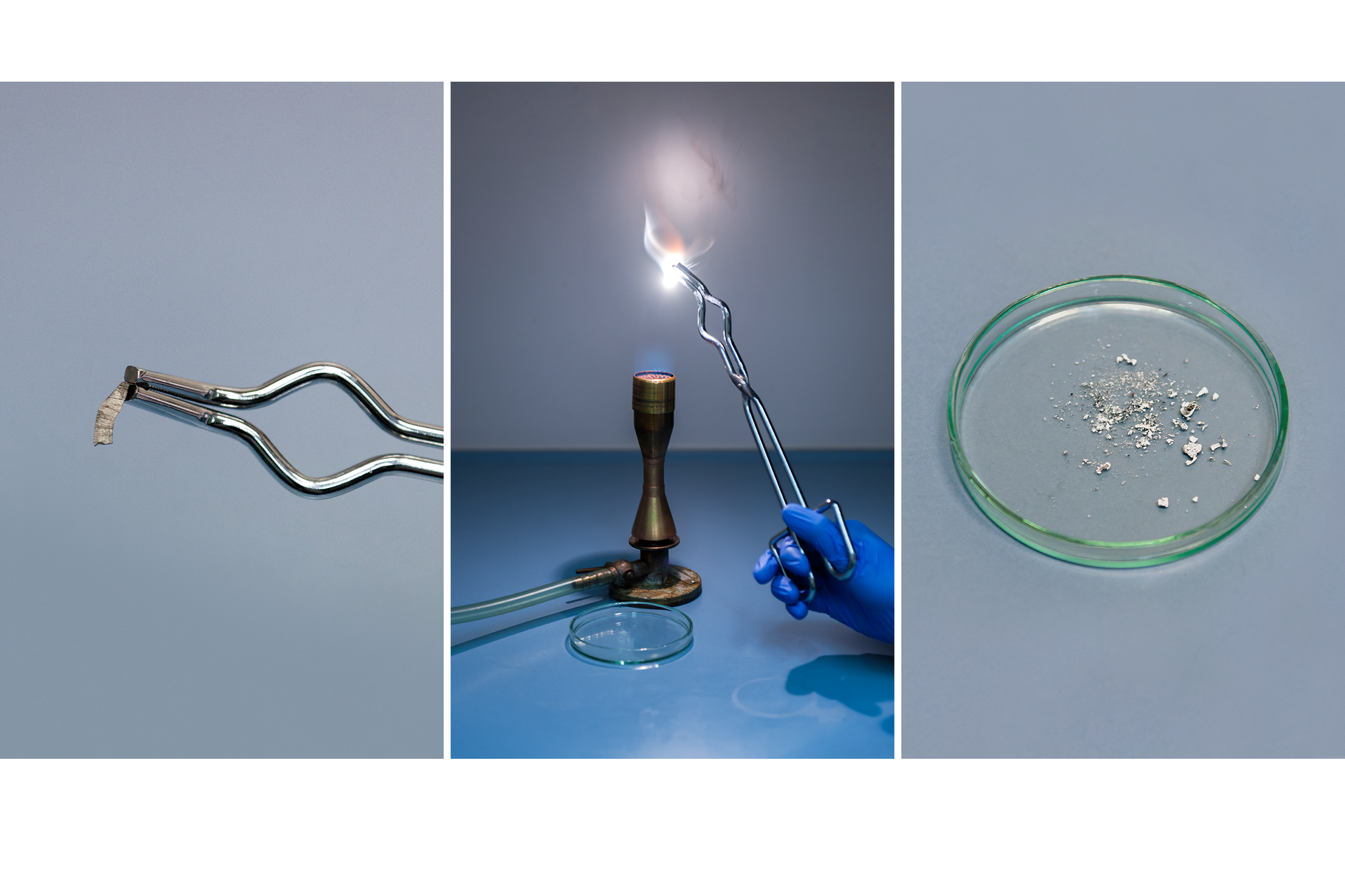 Ilustracja przedstawia trzy fotografie, pokazujące kolejno: cążki z magnezem, reakcje z tlenem oraz rezultat - powstanie tlenku magnezu.