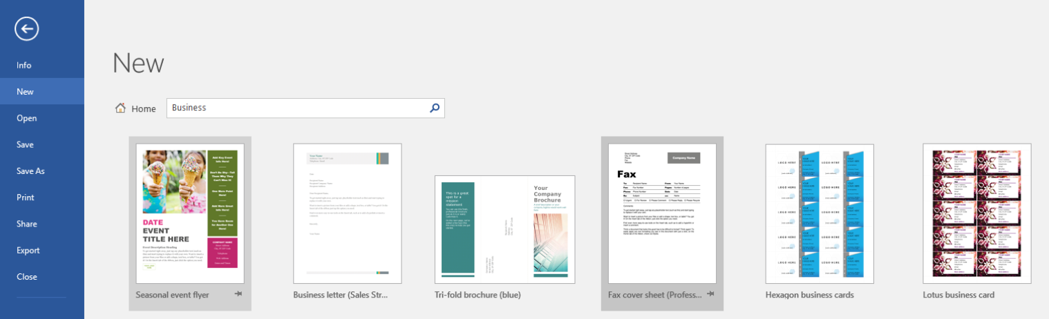 Zrzut ekrany przedstawia widok okna programu MS Word po wybraniu zakładki File i polecenia New. Po lewej stronie menu, od góry przycisk powrotu (strzałka skierowana w lewo w okręgu) oraz dostępne polecenia: Info, New (aktywne) Open, Save, Save As, Print, Share, Export, Close.  po wybraniu wyszukiwania szablonów w kategorii Business. Prawą stronę zajmują wyszukane szablony. Na górze wybrane polecenie New. Poniżej ikona przedstawiająca dom i napis Home, obok pole wyszukiwania z wpisanym słowem Business (na końcu pola ikona przedstawiająca lupę). Poniżej wyszukane przykłady szablonów powiązanych ze słowem kluczowym Business. 