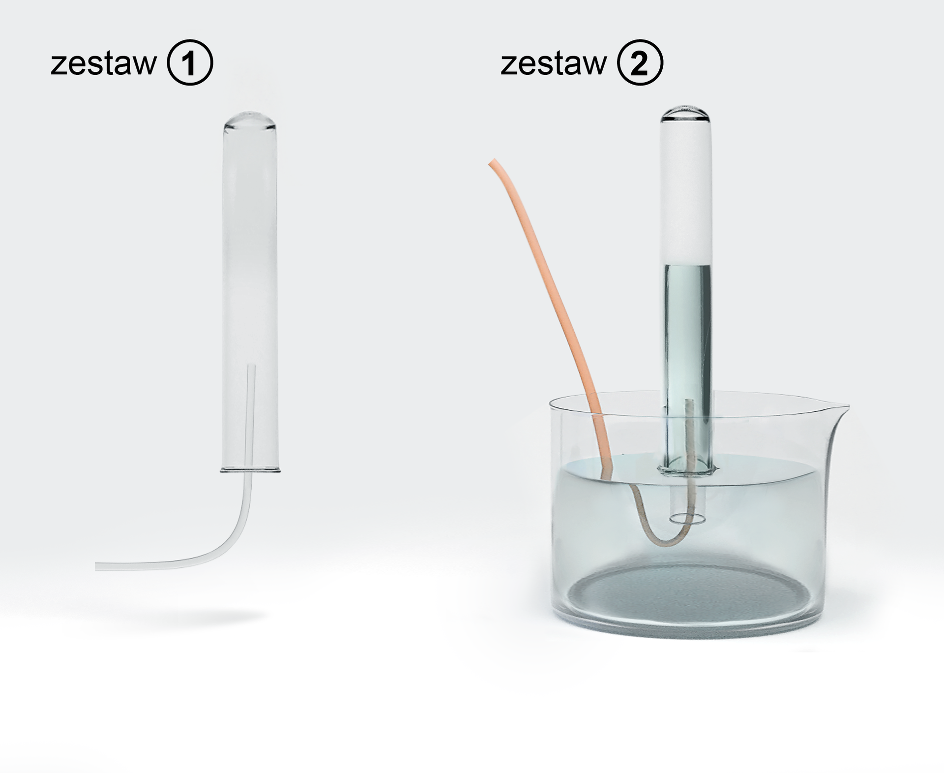 Ilustracja przedstawiająca dwa zestawy służące do zbierania gazowego wodoru. Pierwszy stanowi odwrócona do góry dnem probówka z doprowadzonym do jej wnętrza wężykiem. Drugi zestaw składa się ze szklanej probówki również odwróconej do góry dnem, do połowy wypełnionej cieczą oraz zanurzoną w cieczy wypełniającej krystalizator. Do wnętrza probówki także doprowadzony jest węży, którym do probówki przepływa gazowy wodór.