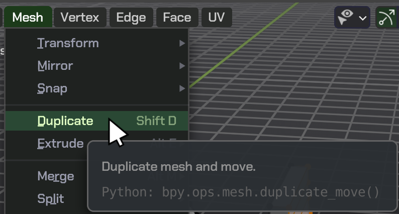 Zrzut ekranu przedstawia fragment programu Blender.  Ukazane są na nim przyciski: Mesh, Vertex, Edge, Face, Uv..  Po kliknięciu przycisku Mesh pojawiła się lista rozwijana z opcjami: Transform, Mirror, Snap, Duplicate, Extrude, Merge, Split..  Po najechaniu kursorem myszki na opcję Duplicate pojawiła się informacja z tekstem: Duplicate mesh and move.