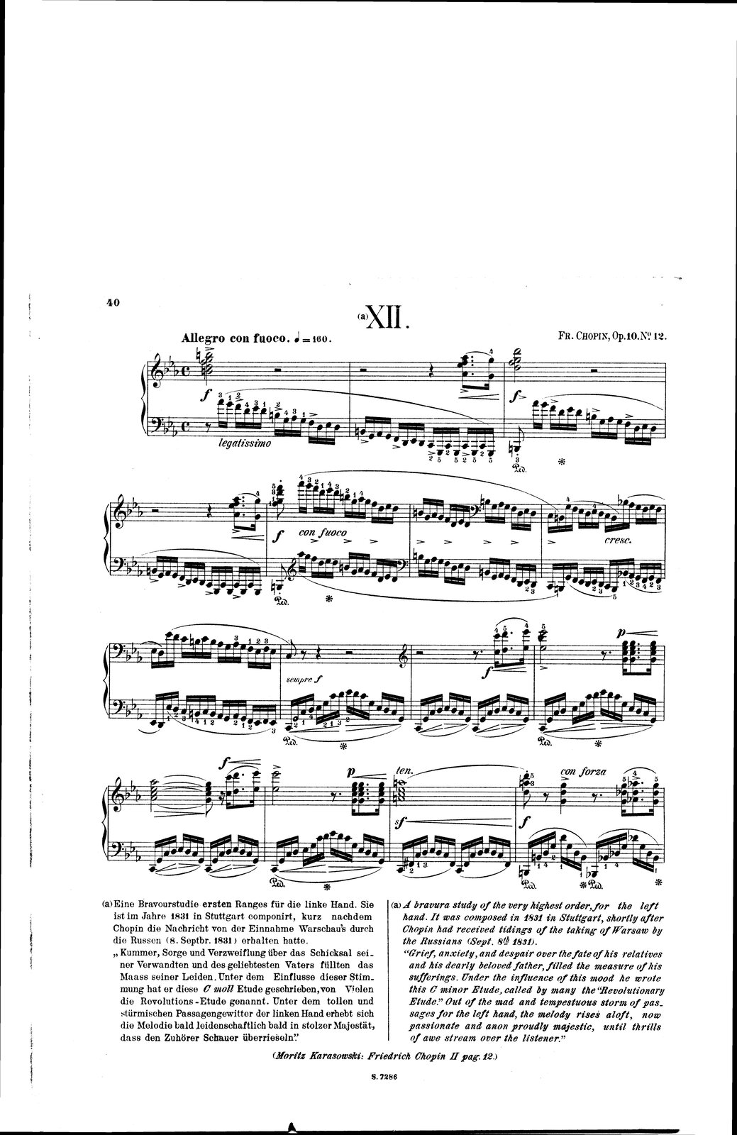 Na zdjęciu zapis nutowy początku Etiudy rewolucyjnej. Nad nutami umieszczono rzymską dwunastkę. Przy kluczu trzy bemole. Nad pięciolinią oznaczenie wykonawcze Allegro Con fuoco. W zapisie widać mocny akord na pierwszej części taktu i dużą ilość szesnastek zapisanych coraz niżej, przez dwa takty i znowu w drugiej linijce: akord i szereg szesnastek zagranych coraz niżej.