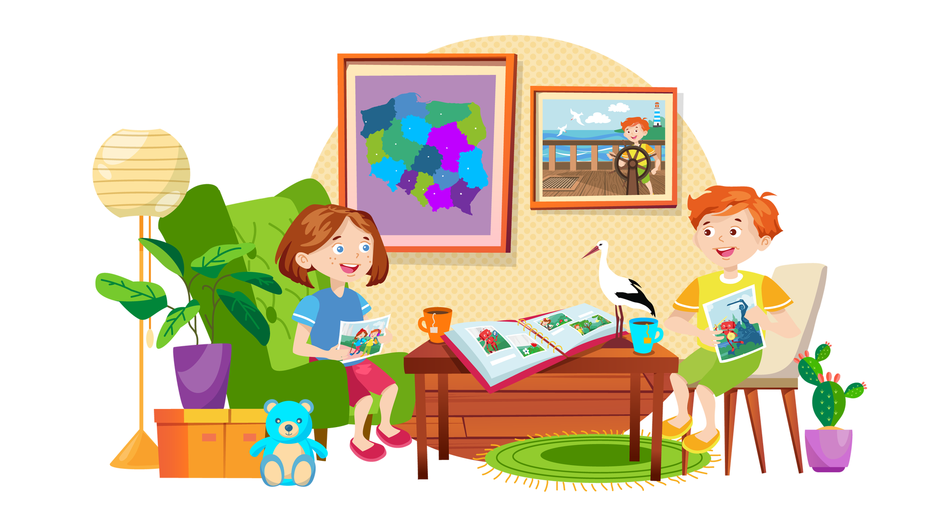 Ilustracja przedstawia pomieszczenie w domu Franka i Mai. W tle widać bladopomarańczową ścianę w kropki, na której wiszą dwa obrazki w brązowych ramkach. Pierwszy obrazek od lewej przedstawia mapę Polski na jasnofioletowym tle. Różnymi kolorami zaznaczono na niej wszystkie województwa, a białymi kropkami ich stolice. Drugi obrazek przedstawia morski krajobraz. W tle widać błękitne niebo ze słońcem i dwiema chmurami. Po prawej stronie jest widoczny w oddali fragment lądu, na którym stoi biało‑niebiesko‑czerwona latarnia morska. Po lewej stronie płynie po morzu biała żaglówka, a obok niej latają nad wodą dwie białe mewy. Mewa to ptak o białym lub biało‑szarym upierzeniu i pomarańczowym dziobie. Na pierwszym planie jest widoczny fragment drewnianego pokładu statku. Po prawej stronie pokładu jest duży drewniany ster, czyli urządzenie przypominające kształtem koło, służące do kierowania statkiem. Przy sterze stoi Franek. Trzyma go rękami i uśmiecha się. Po lewej stronie ilustracji, na drewnianej podłodze, stoi wysoka lampa z okrągłym beżowym kloszem. Dalej na prawo znajdują się dwa pomarańczowe pojemniki z pokrywkami. Na lewym pojemniku ustawiono dużą zieloną roślinę w fioletowej donicy. Obok prawego pojemnika siedzi błękitno‑beżowy pluszowy miś. Na środku pomieszczenia stoi prostokątny drewniany stół. Znajdują się na nim od lewej strony: pomarańczowy kubek z herbatą, otwarty album ze zdjęciami, figurka bociana oraz błękitny kubek z herbatą. W albumie widać zdjęcia Franka, Mai i Zgrzytka. Pod stołem leży niewielki okrągły jasnozielony dywan z pomarańczowymi frędzlami. Po lewej stronie stołu widać duży jasnozielony fotel, na którym siedzi Maja. Jest ubrana w niebieską koszulkę z krótkimi błękitnymi rękawami, krótkie ciemnoróżowe spodnie i ciemnoróżowe buty. W rękach trzyma zdjęcie przedstawiające ją i Franka podczas pieszej wycieczki. Po prawej stronie stołu stoi beżowe krzesło, obok którego widać kaktusa w fioletowej donicy. Na krześle siedzi Franek. Jest ubrany w żółtą koszulkę z krótkimi pomarańczowymi rękawami, krótkie jasnozielone spodnie i pomarańczowe buty z żółtymi podeszwami. W rękach trzyma zdjęcie przedstawiające Zgrzytka obok pomnika Syrenki Warszawskiej. Dzieci patrzą na siebie i szeroko się uśmiechają.