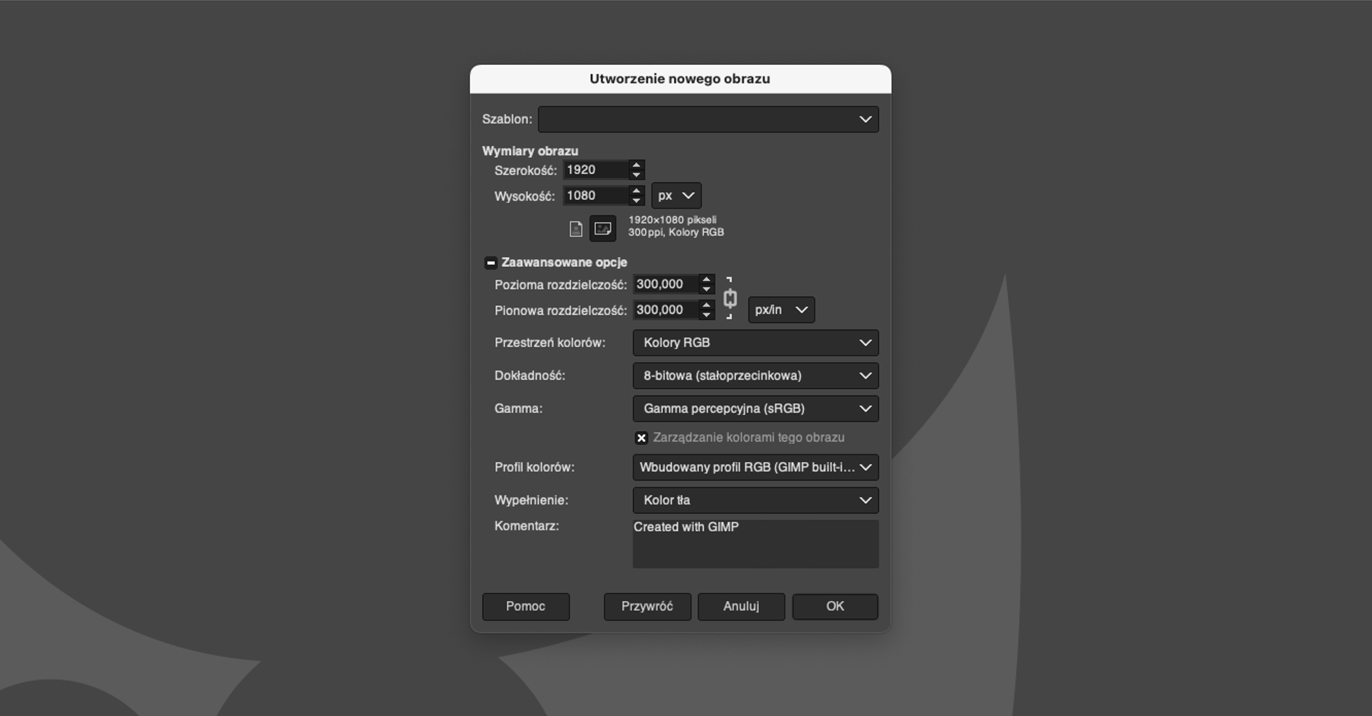 Ilustracja przedstawia okno dialogowe o nazwie: Utworzenie nowego obrazu. Tam opcje dotyczące: Wymiarów obrazu, rozdzielczości, przestrzeni kolorów, dokładności, gammy, profilu kolorów, wypełnienia, komentarza. Na dole okna przyciski: Pomoc, Przywróć, Anuluj, OK.
