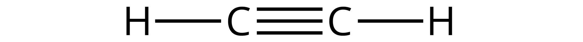 Ilustracja przedstawia cząsteczkę etynu. Budowa: atom wodoru H połączony z atomem węgla C tworzącym wiązanie potrójne z kolejnym atomem węgla, połączonym z atomem wodoru.