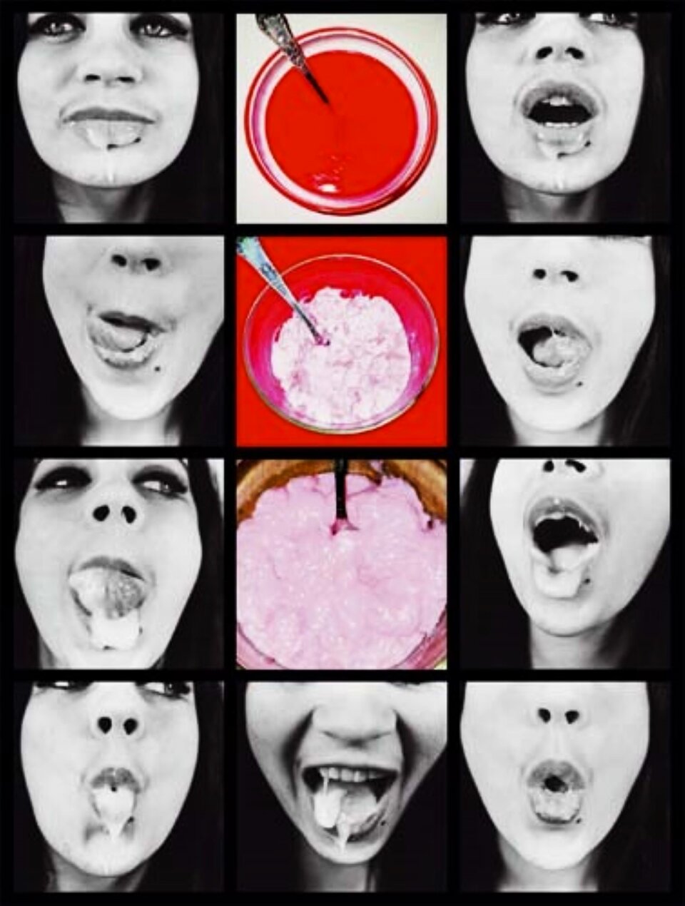 Fotografia jest podzielona na trzy rzędy mniejszych zdjęć, które  przedstawiają twarz objadającej się kobiety i miski z jedzeniem. To przykład sztuki konsumpcyjnej, której autorką jest Natalia LL.