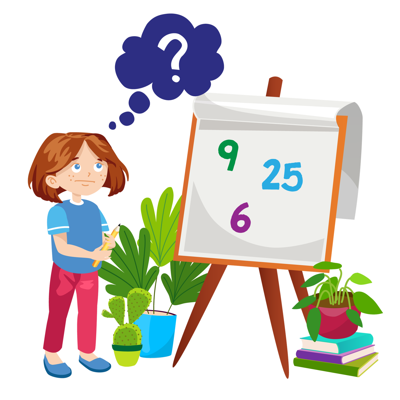 Ilustracja przedstawia dużą tablicę na trzech drewnianych nogach. Są do niej przyczepione duże białe kartki. Pierwsza jest odgięta do tyłu. Na drugiej widać trzy kolorowe liczby: zielone dziewięć, fioletowe sześć i niebieskie dwadzieścia pięć. Po prawej stronie są na podłodze trzy książki ułożone jedna na drugiej. Pierwsza ma turkusową okładkę, druga fioletową, a trzecia zieloną. Na książkach jest ustawiona zielona roślina w bordowej donicy. Druga zielona roślina, w niebieskiej donicy, stoi po lewej stronie ilustracji. Obok jest jeszcze kaktus w zielonej donicy. Przed tablicą, po jej lewej stronie, stoi Maja. W złączonych dłoniach trzyma żółty ołówek. Nad dziewczynką unosi się granatowy dymek z białym znakiem zapytania na środku. Maja patrzy na dymek w zamyśleniu.