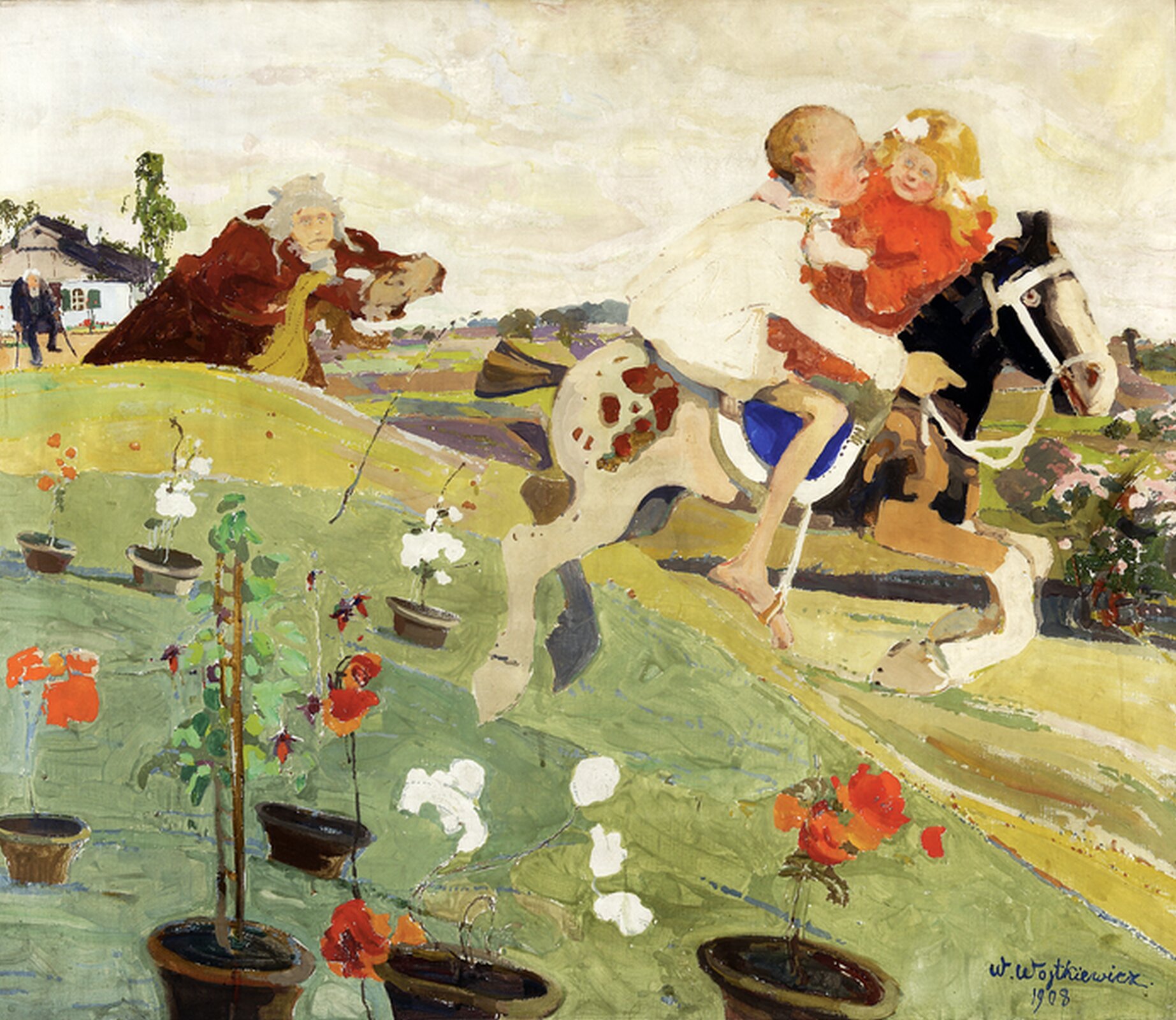 Ilustracja przedstawia obraz Witolda Wojtkiewicza, „Porwanie królewny” („Ucieczka”). Na dziecięcym koniku groteskowy rycerz (ma na sobie jedynie koszulę, a jego nogi są bose) porywa królewnę. Porwanie nie wzbudza u królewny przerażenia, na jej twarzy widnieje uśmiech i jest skierowana w stronę chłopca‑rycerza; porwanie można odczytać jako dziecięcą zabawę. Ogród, z którego uciekają, jest dziwny – kwiaty nie rosną w nim w ziemi, a posadzone są w doniczkach. Za dziećmi biegną staruszkowie – kobieta o dramatycznej postawie oraz mężczyzna o kulach. Staruszkowie biegną od strony znajdującego się w dali dworku.