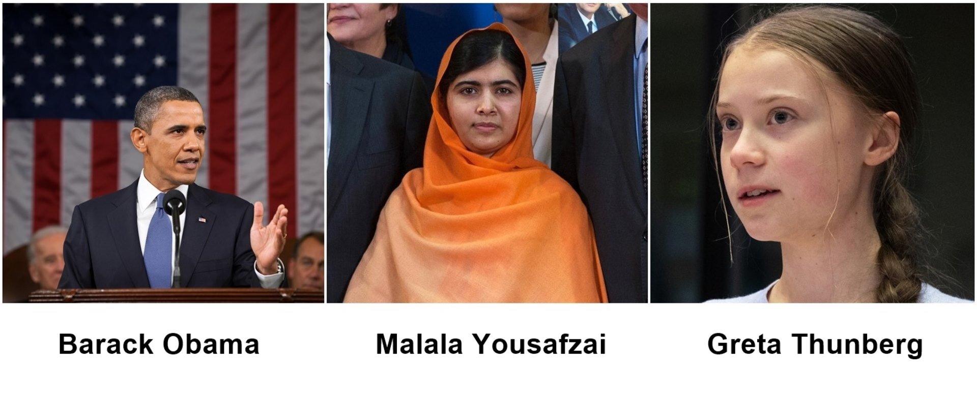 Ilustracja składa się z trzech zdjęć znanych osób. Zdjęcie numer 1. przedstawia mężczyznę w eleganckim stroju stojącego przed mikrofonem. Za nim widoczna flaga Stanów Zjednoczonych. To Barack Obama. Zdjęcie numer 2 ukazuje kobietę w średnim, która ubrana jest w sari i ma na głowie pomarańczową chustę. To  Malala Yousafzai. Trzecie zdjęcie przedstawia nastolatkę , której włosy uczesane są w warkocz, to Greta Thunberg.