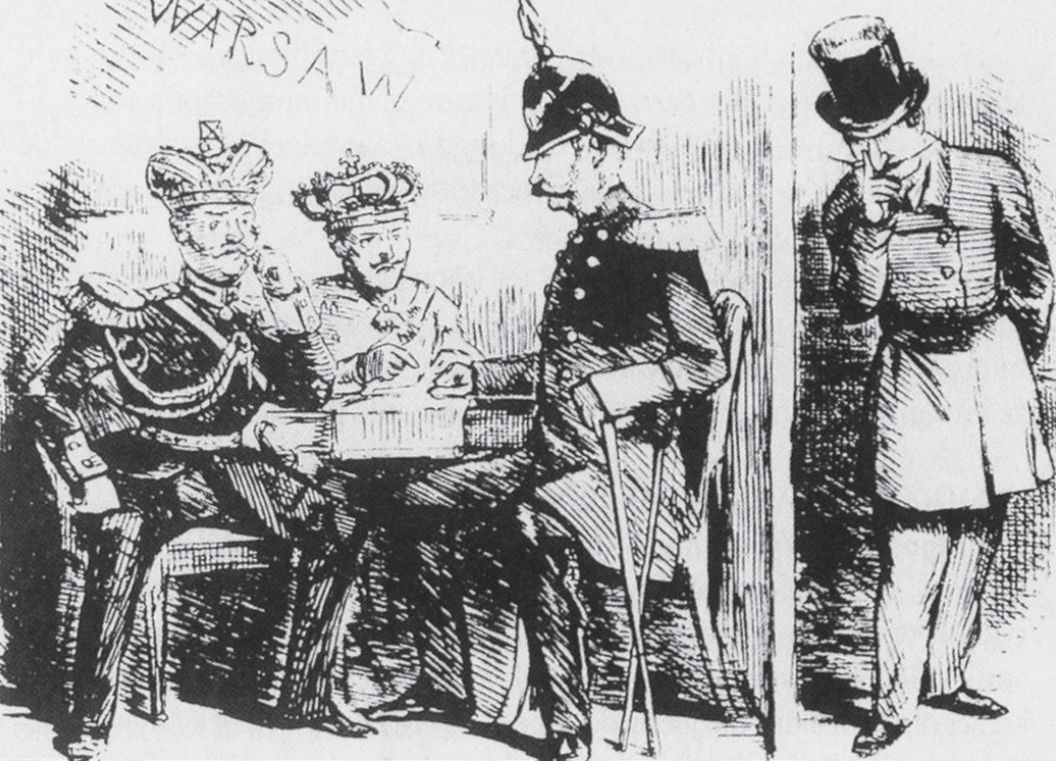 Rysunek przedstawia czterech mężczyzn. Po lewej stronie obrazka trzech z nich siedzi na krzesłach przy stole, za nimi na ścianie znajduje się napis: WARSAW. Wszyscy są ubrani w mundury, mają koronę lub hełm na głowie, posiadają wąsy. Mężczyzna po lewej stronie stołu lewą ręką podpiera się o stół, a prawą ma opartą na kolanie. Naprzeciw niego drugi mężczyzna opiera się o stół, w lewej ręce trzyma laskę. Za nim jest przepierzenie. Po prawej stronie obrazka jest czwarty mężczyzna, który stoi on za ścianą. Jest ubrany w płaszcz, spodnie i cylinder, ma wąsy, prawą dłoń ma przyłożoną do nosa. Jest delikatnie pochylony do przodu.