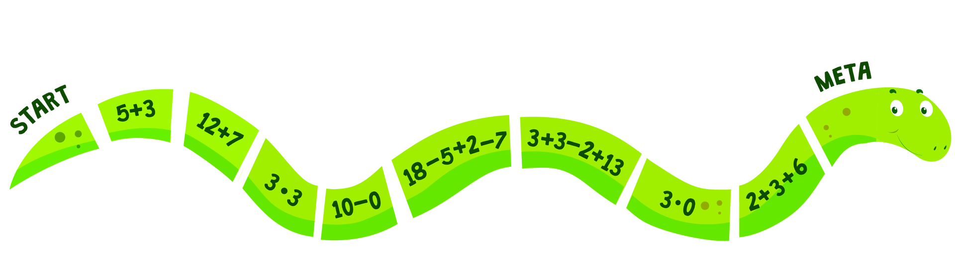 Ilustracja przedstawia zielonego węża podzielonego na części. Na każdej z nich, poza pierwszą i ostatnią częścią, znajduje się inne działanie matematyczne bez wyniku. Od lewej są to po kolei: pięć dodać trzy, dwanaście dodać siedem, trzy razy trzy, dziesięć odjąć zero, osiemnaście odjąć pięć dodać dwa odjąć siedem, trzy dodać trzy odjąć dwa dodać trzynaście, trzy razy zero, dwa dodać trzy dodać sześć. Nad ogonem węża, znajdującym się po lewej stronie, widać napis: START. Nad głową węża, znajdującej się po prawej stronie, widać napis: META.