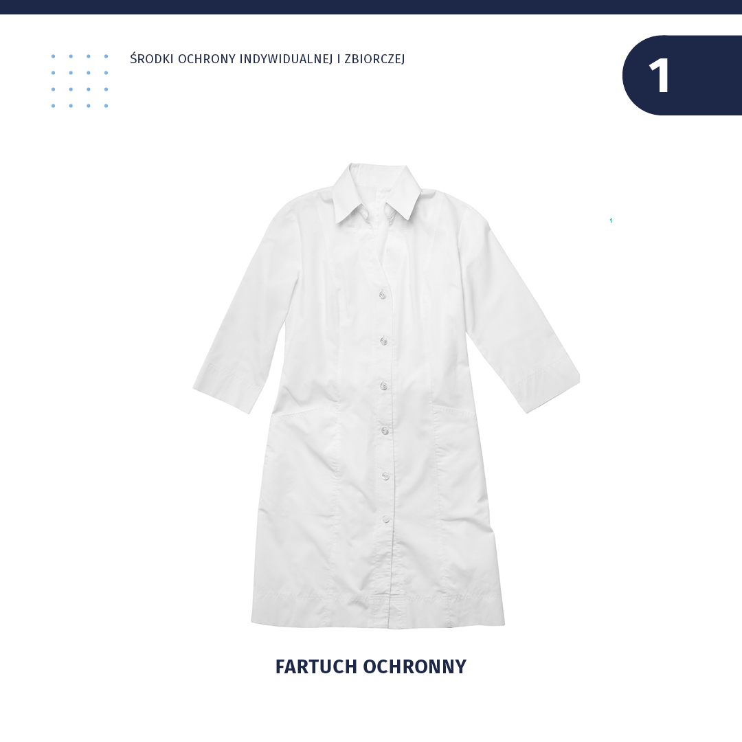 Ilustracja przedstawia środki ochrony indywidualnej i zbiorczej, biały fartuch ochronny.  