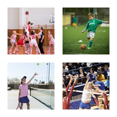 Ilustracja składa się z czterech zdjęć. Na zdjęciu w lewym, górnym rogu widoczne są dwie drużyny nastolatków grające w koszykówkę. Jedna drużyna ubrana jest w sportowe stroje w kolorze białym, a druga w kolorze czerwony. Po prawej stronie widoczna jest postać sędziego. Na zdjęciu w prawym, górnym rogu widoczny jest chłopiec w stroju piłkarskim, który przygotowuje się do kopnięcia piłki. Na zdjęciu w lewym, dolnym rogu widoczna jest dziewczynka stojącą na korcie tenisowym, trzymająca w prawej ręce rakietę do tenisa, a lewą ręką wyciągniętą w górę podrzuca zielną piłkę do tenisa. Na zdjęciu w prawym, dolnym rogu widoczne są dziewczyny w sportowych strojach grające w siatkówkę. Po obu stronach siatki widoczne są wyskakujące dziewczyny, z rękami podniesionymi do góry.