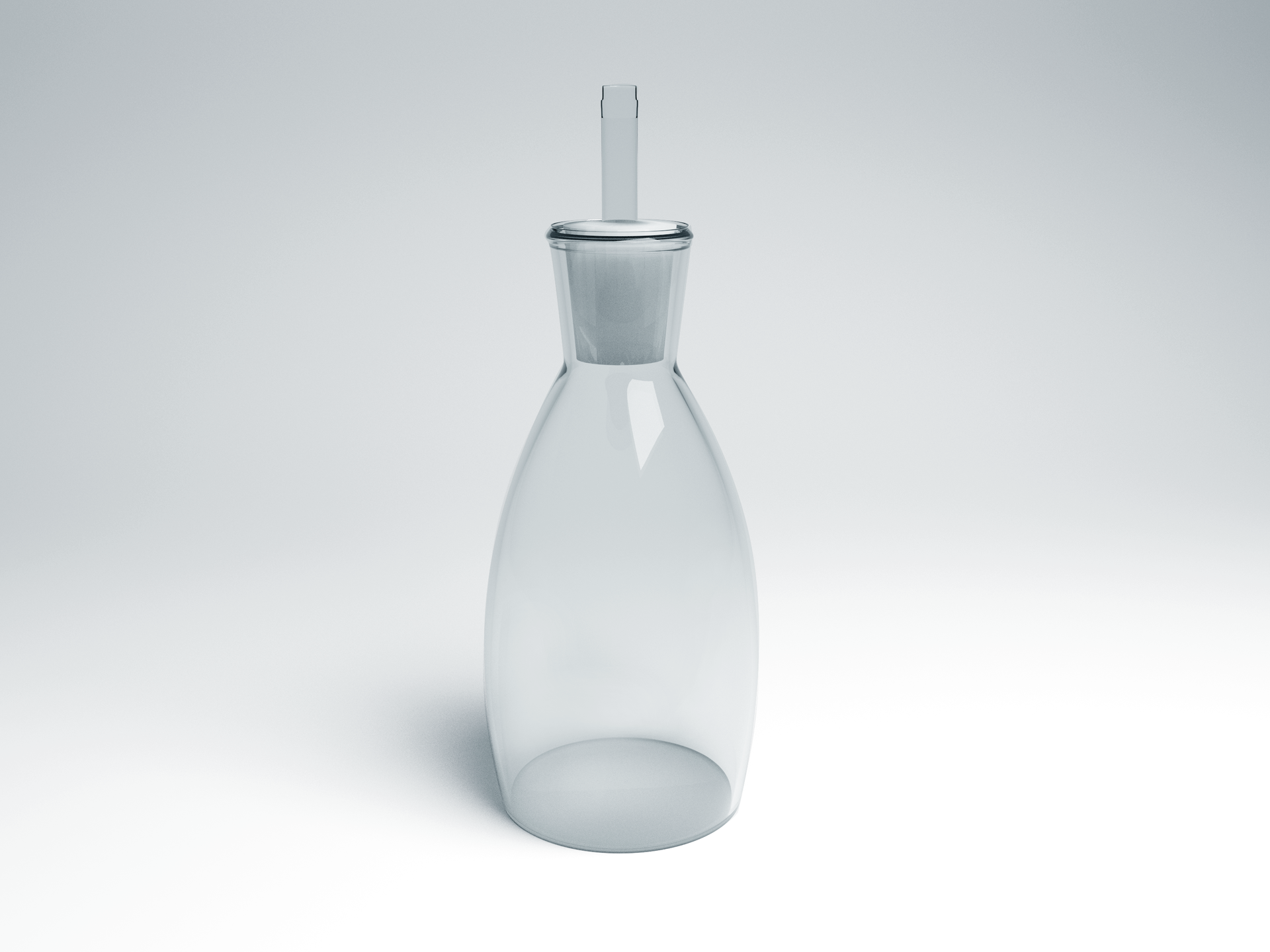 Zdjęcie przedstawia szklane naczynie, którym jest piknometr. Naczynie ma kształt butelki. W wąskiej szyjce jest korek z zatopioną w nim rurką.