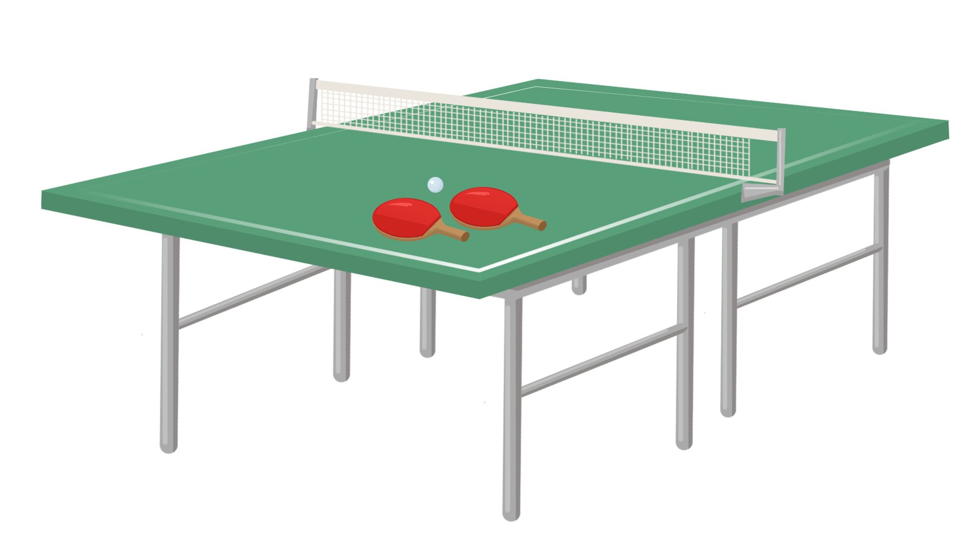 Ilustracja przedstawia zielony rozłożony stół do tenisa stołowego. Na połowie stołu znajduje się siatka. Na stole ułożone są dwie paletki do tenisa stołowego oraz piłka.