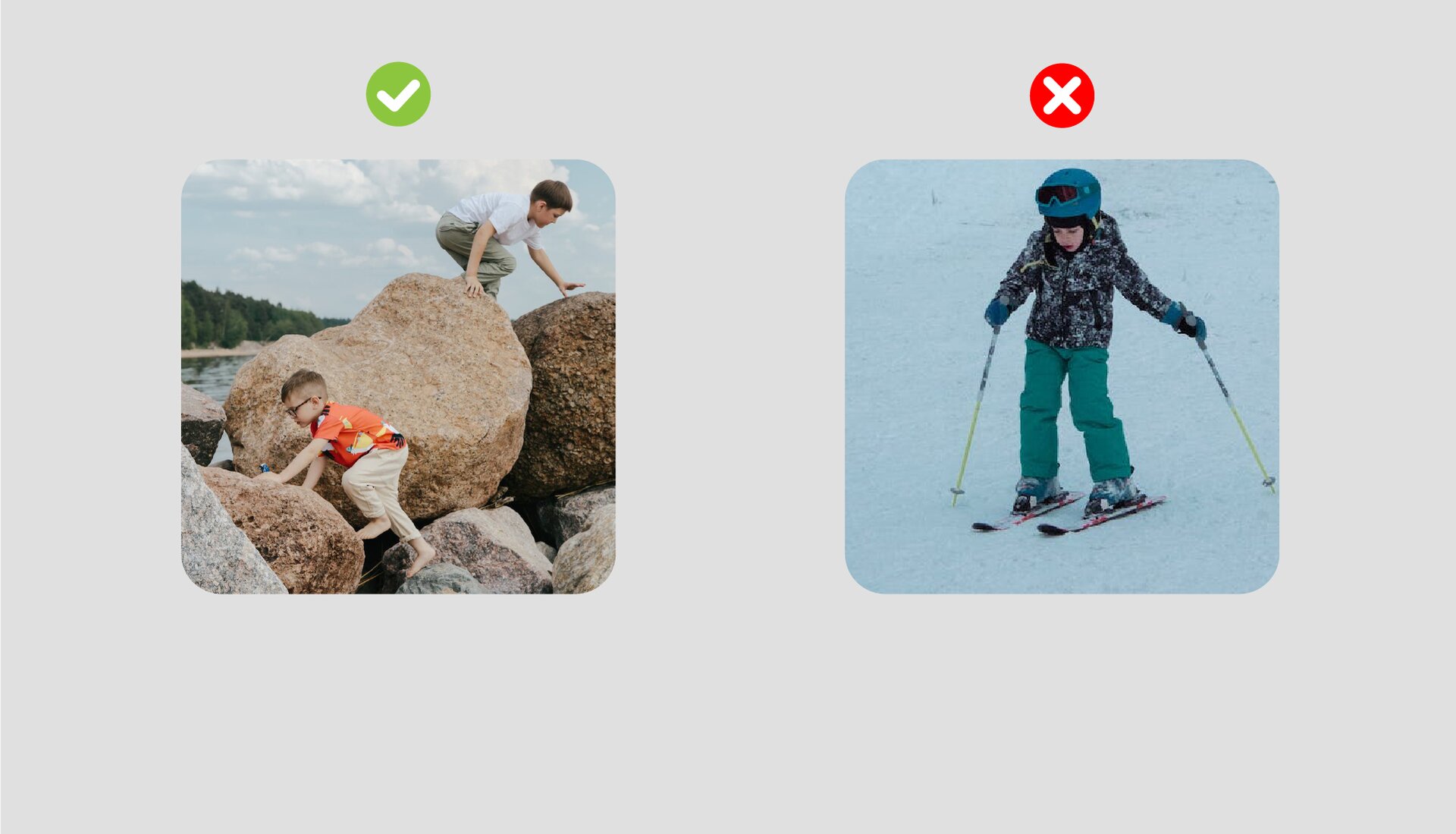 Ilustracja przestawiająca dwa zdjęcia. Z lewej strony zdjęcie pokazuje dwóch chopców wspinających się po kamieniach. Zdjęcie z prawej strony pokazuje chłopca jeżdzącego na nartach.
