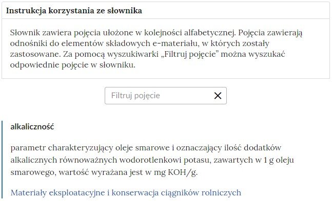 Zdjęcie przedstawia instrukcję korzystania ze słownika z polem do filtrowania pojęć oraz pierwszym przykładowym hasłem alkaiczność.