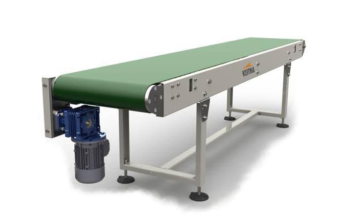 Zdjęcie przedstawia konstrukcję na nóżkach, na których jest umieszczona zielona szeroka taśma. Na dole po lewej stronie pod taśmą znajduje się silnik konstrukcji w kształcie owalnej bryły.