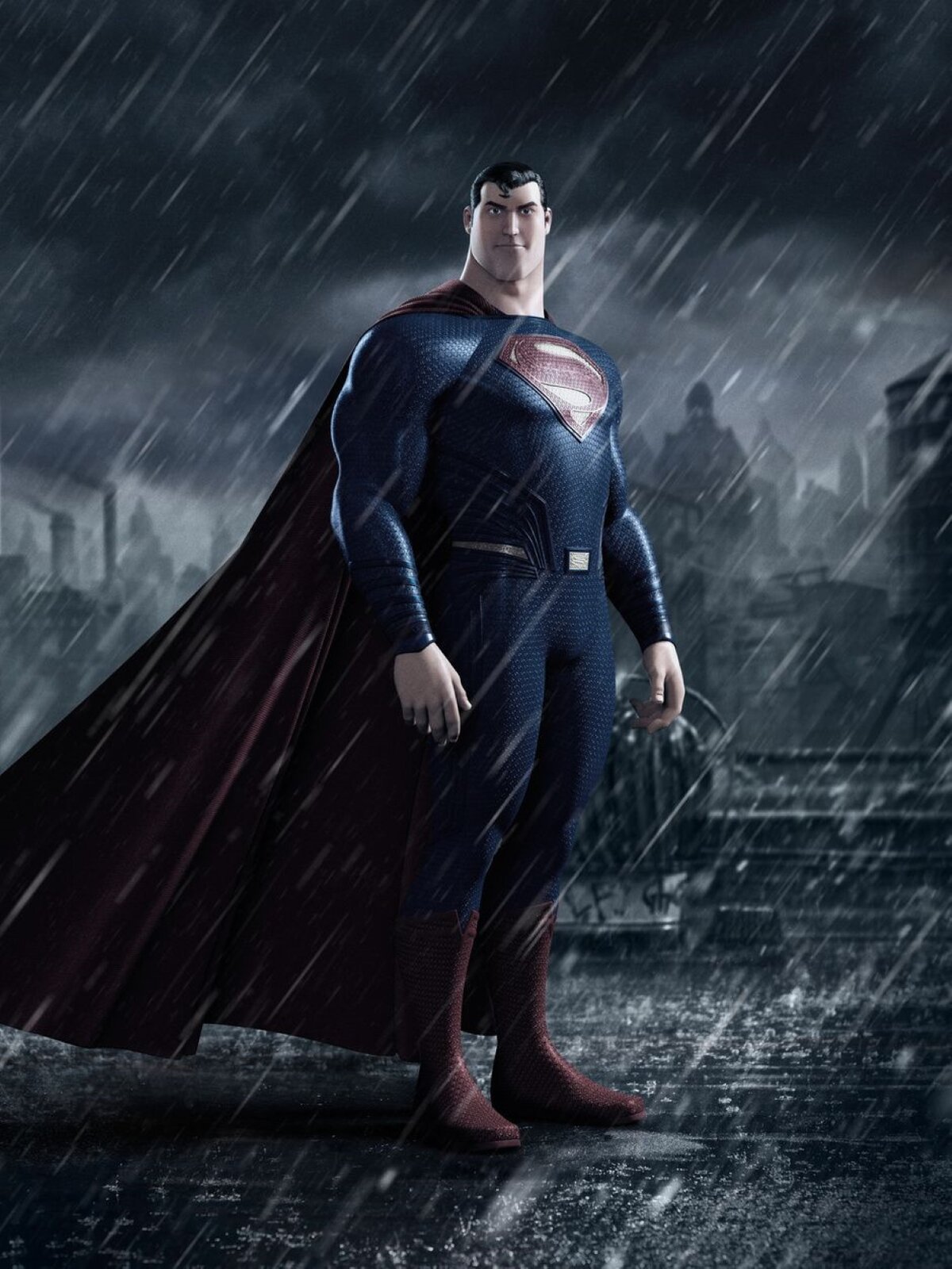 Na ilustracji znajduje się mężczyzna ubrany w granatowy kostium z czerwonym znakiem „S” na piersi. Mężczyzna ma na sobie czerwone buty oraz czerwoną pelerynę. W tle ilustracji znajdują się budynki nocą. W tle ilustracji widać padający deszcz.