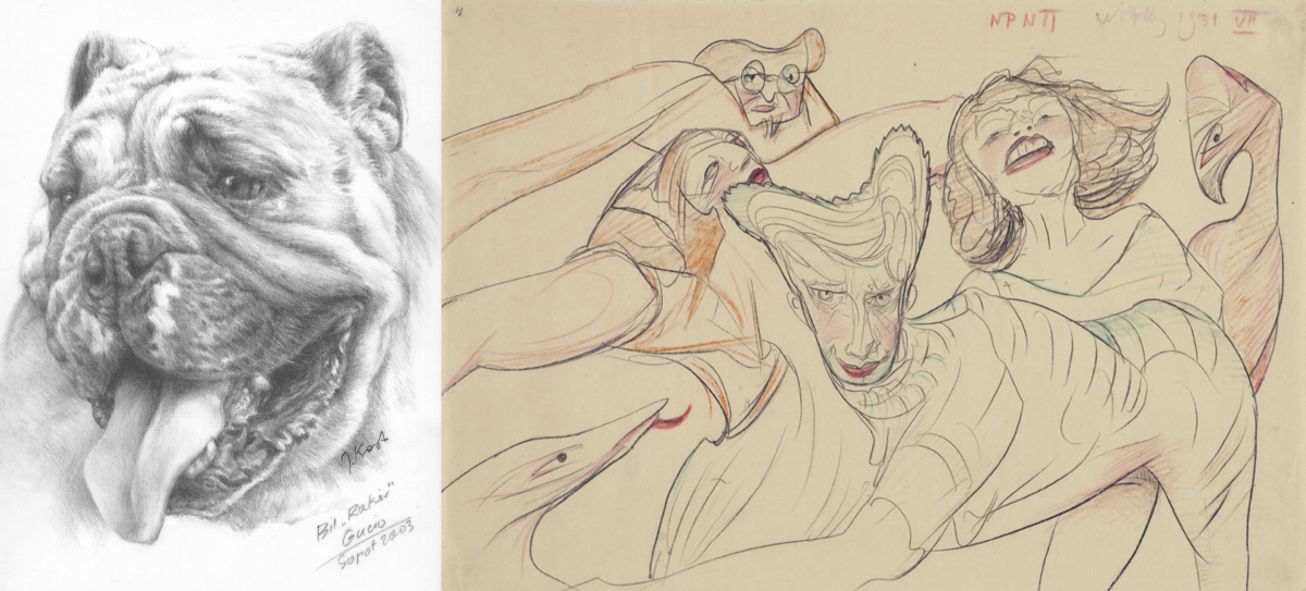 Ilustracja przedstawia dwa rysunki: z lewej strony studium głowy psa buldoga, wykonany ołówkiem. Buldog ma wyciągnięty język i patrzy w lewo. Z prawej strony znajduje się kolorowy szkic, na którym znajduje się sześć postaci ujętych fragmentarycznie. Cztery z nich mają ludzkie twarze, dwie z nich są kobietami, ale tułów zwierzęcia, kota lub psa. Dwa stwory na wyglądają jak gad lub ptak.