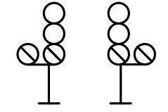 Ilustracja przedstawia symbol graficzny dwóch symetrycznych tarcz  ostrzegawczo przejazdowych.  Tarcza składa się ze słupka oraz czterech kół po lewej stronie słupka znajduje się jeden okrąg który jest przekreślony czarną linią pod kątem czterdziestu pięciu stopni. Po prawej stronie znajdują się trzy takie same kółka. Pierwsze kółko od dołu jest przekreślone czarną linią pod kątem czterdziestu pięciu stopni.