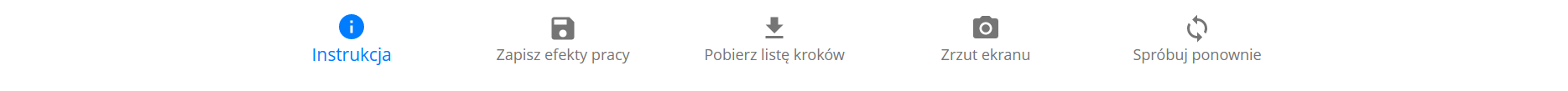 Grafika przedstawia pasek z opcjami programu do projektowania takimi jak: instrukcja, zapisz efekty pracy, pobierz listę kroków, zrzut ekranu oraz spróbuj ponownie.