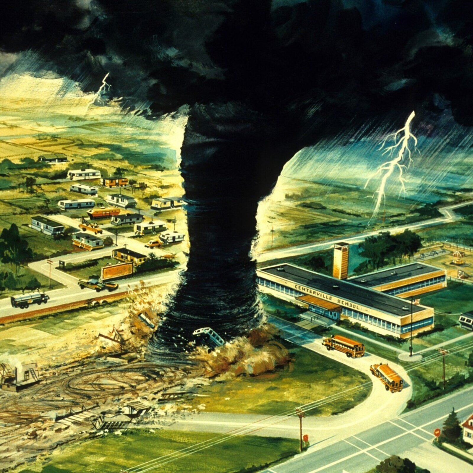 Ilustracja przedstawia tornado. Wir powietrza skierowany jest na budynek szkoły, przed którą stoją autobusy. 