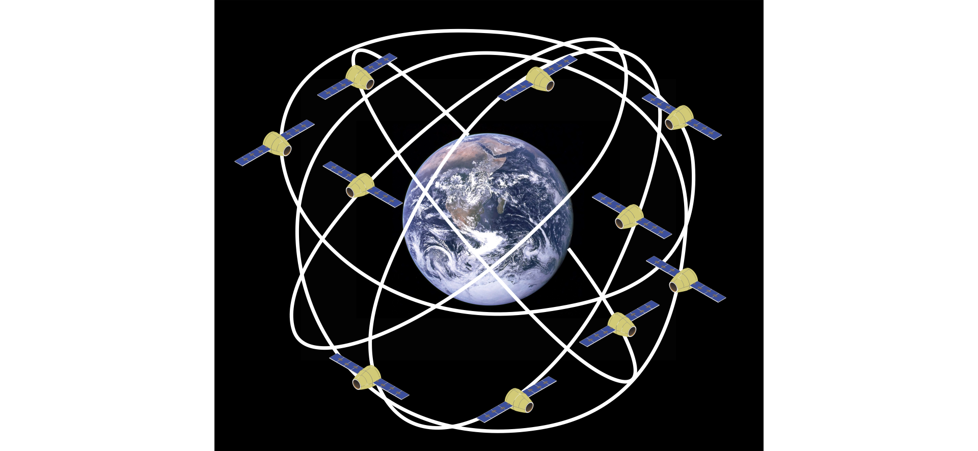 Na ilustracji kula ziemska oraz dziesięć krążących wokół niej satelitów. Na czarnym tle znajduje się kula w tonacji granatowo‑białej. Współśrodkowo z kulą umieszczone są białe okręgi. Na każdym okręgu umieszczony obiekt w kształcie żółtego kadłuba w kształcie walca i niebieskich prostokątnych skrzydeł po obu stronach walca.