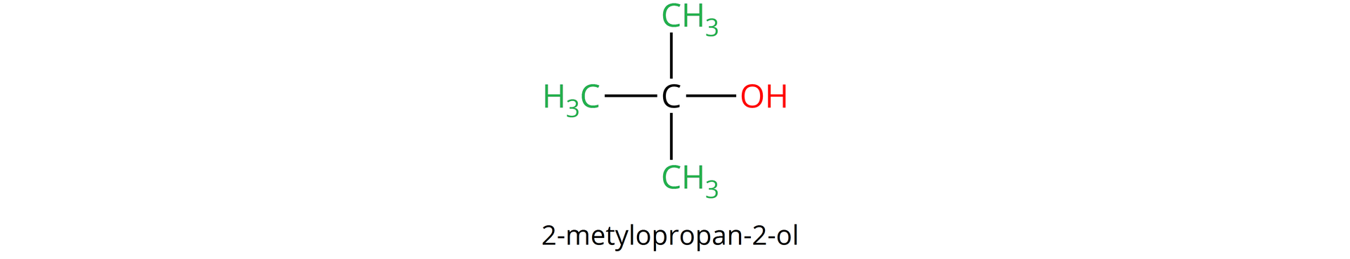 Ilustracja przedstawia wzór 2–metylopropan–2–olu: do atomu węgla przyłączone są trzy grupy metylowe CH3, zaznaczone na zielono, i grupa OH, zaznaczona na czerwono.